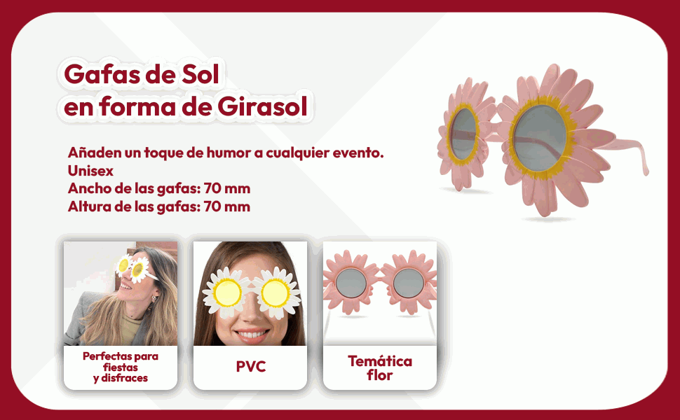 Banner - Gafas de Sol en forma de Girasol, gafas de sol sin montura, Gafas diseño flor Girasol, Gafas para disfraz, Gafas para fiesta, Gafas despedida de soltero/a, Gafas carnaval, Unisex (Rosas)