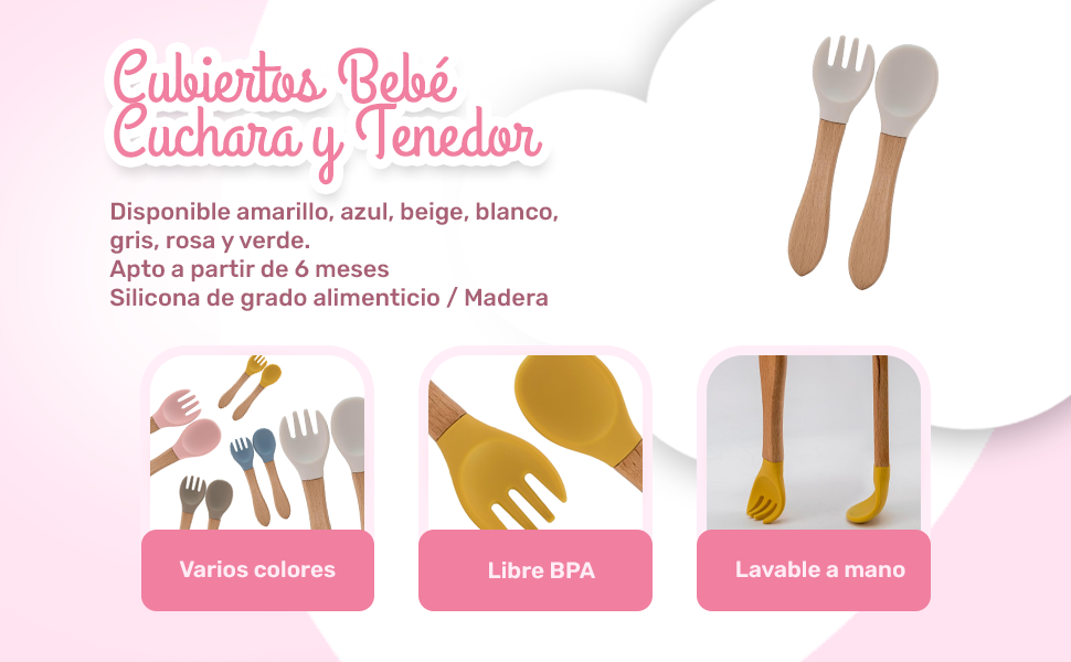 Banner - Cubiertos bebe cuchara y tenedor silicona y madera blanco