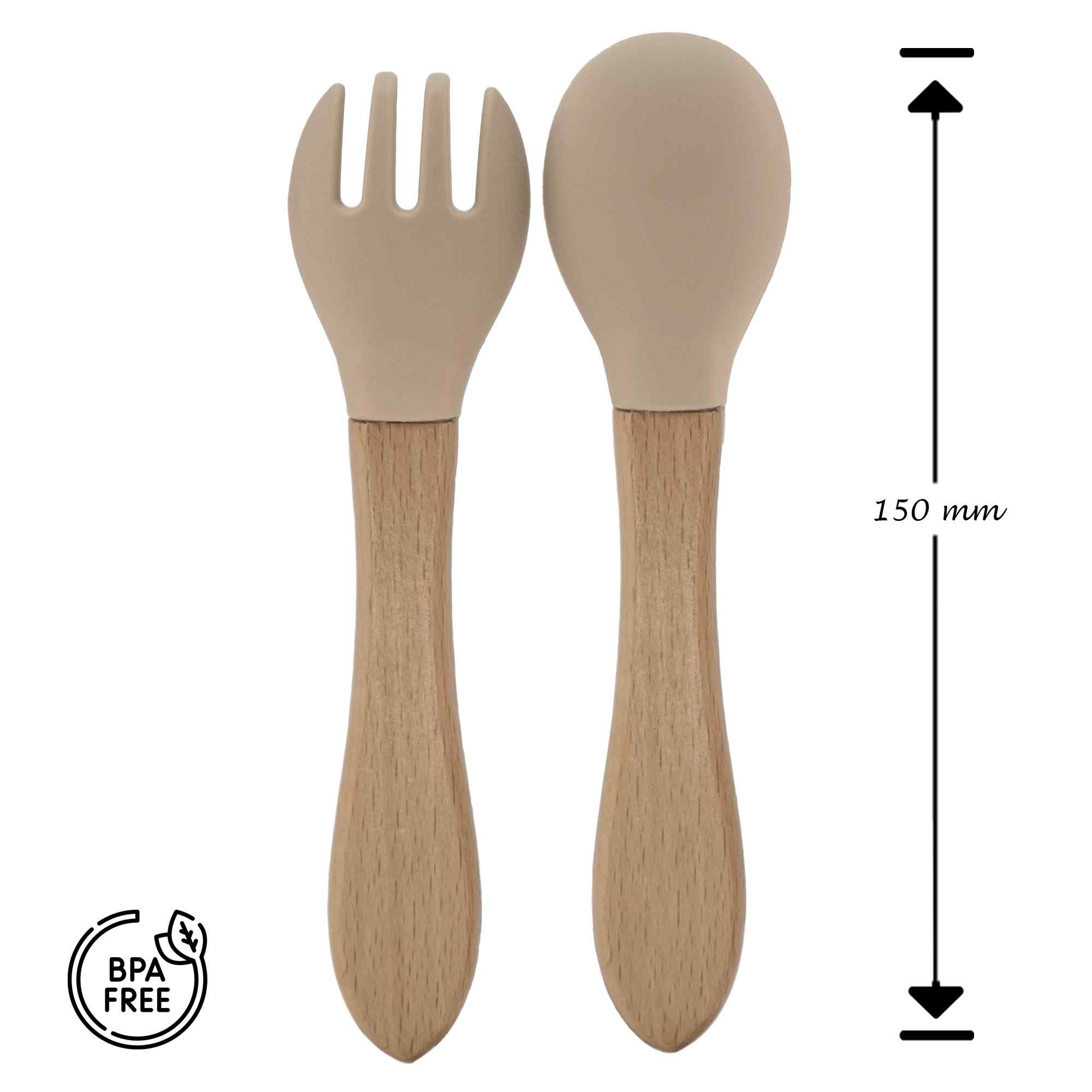 Cubiertos bebe cuchara y tenedor silicona y madera beige - imagen 5