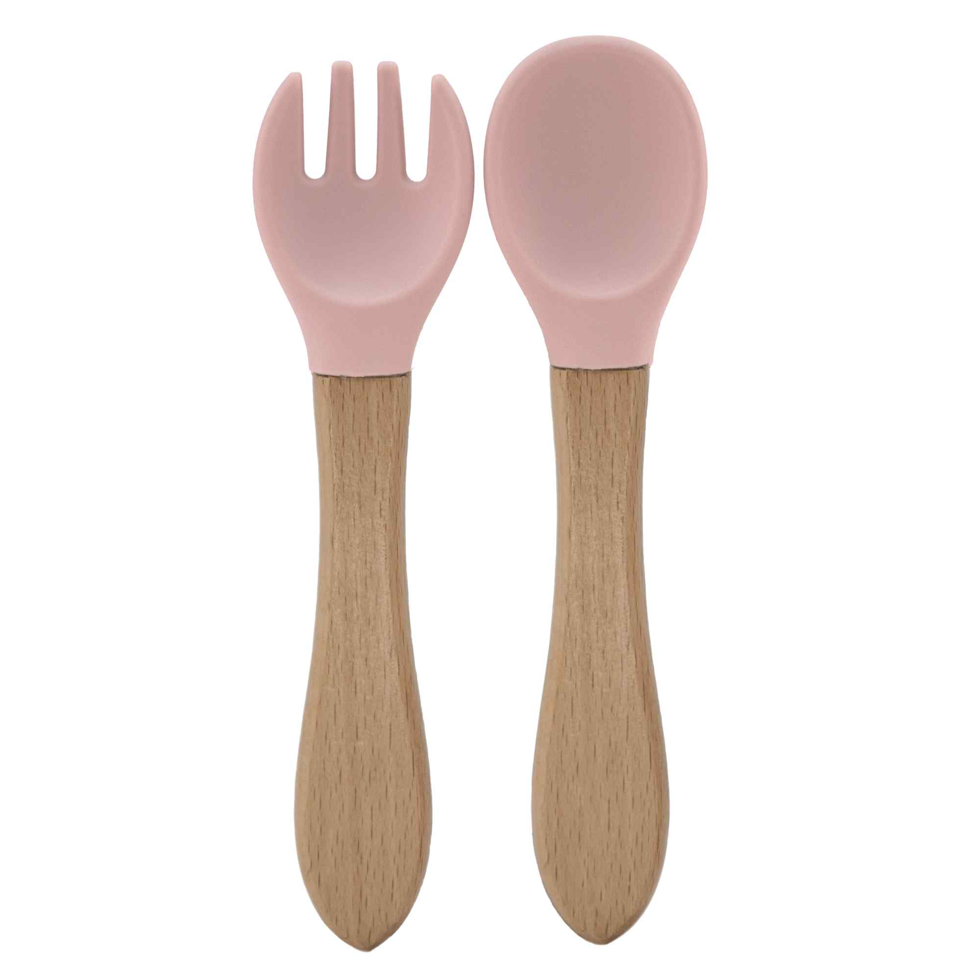 Cubiertos bebe cuchara y tenedor silicona y madera rosa
