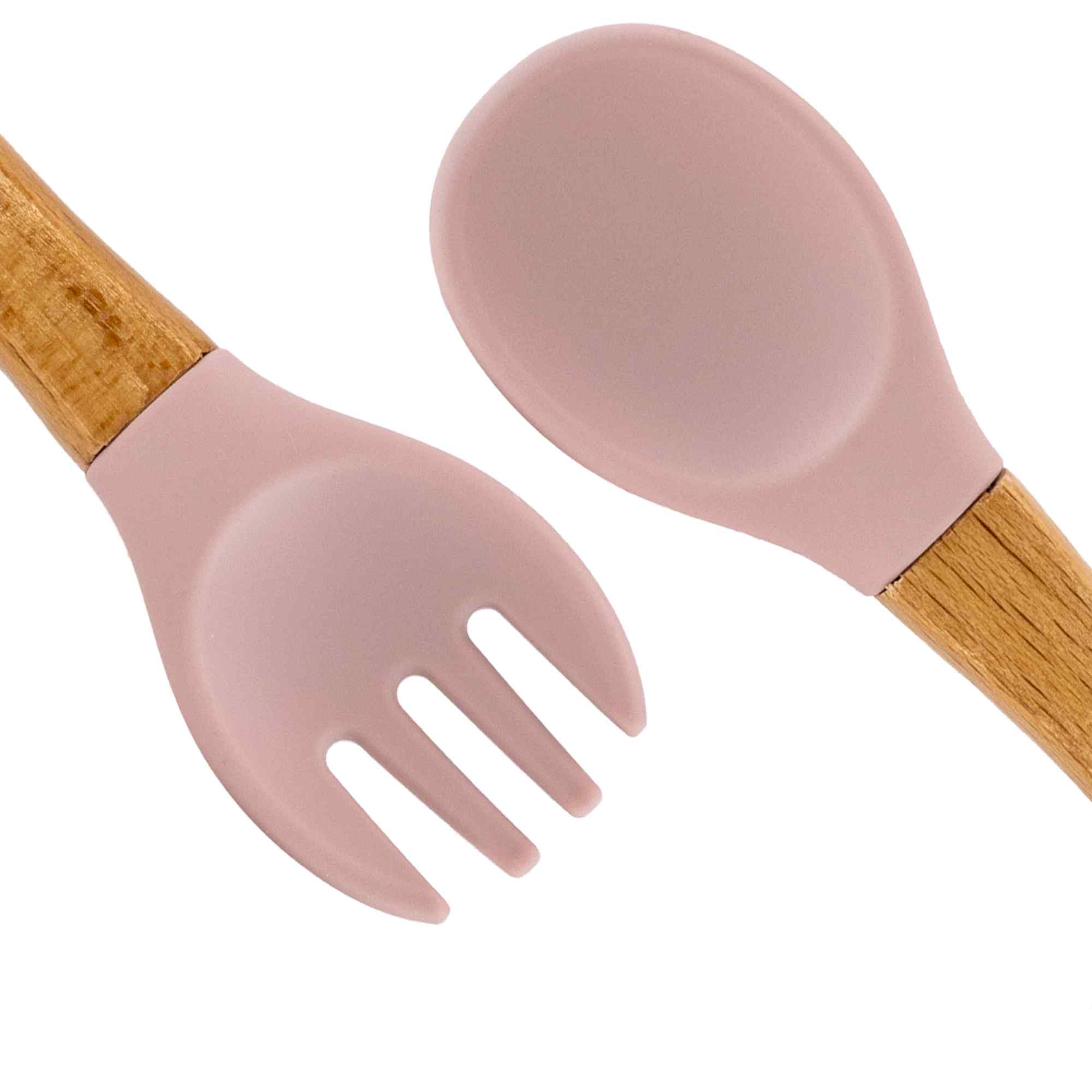 Cubiertos bebe cuchara y tenedor silicona y madera rosa - imagen 2
