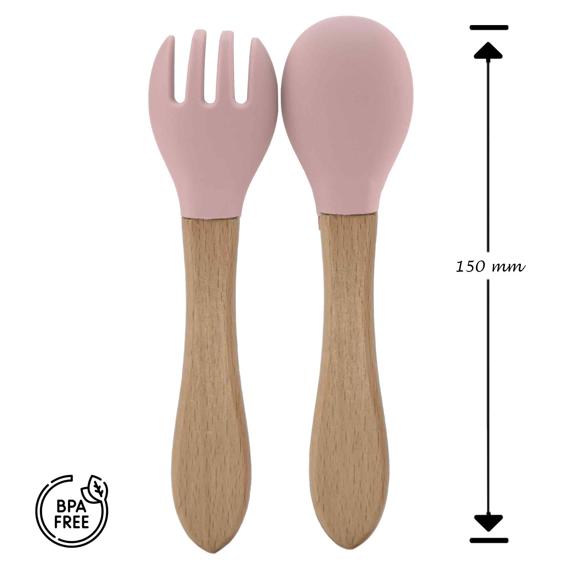 Cubiertos bebe cuchara y tenedor silicona y madera rosa - imagen 5