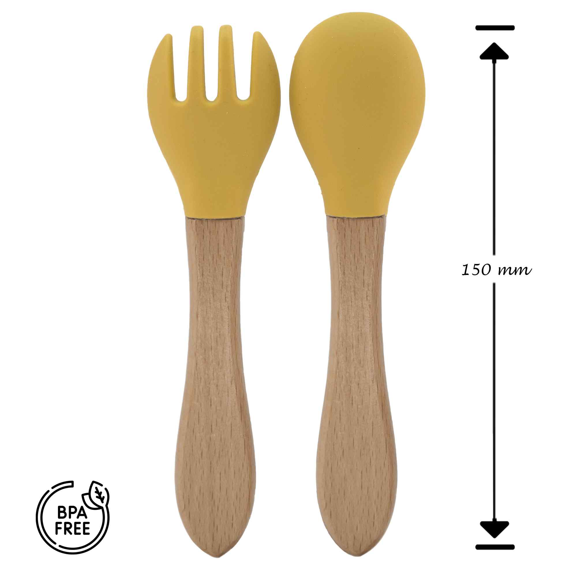 Cubiertos bebe cuchara y tenedor silicona y madera amarillo - imagen 5