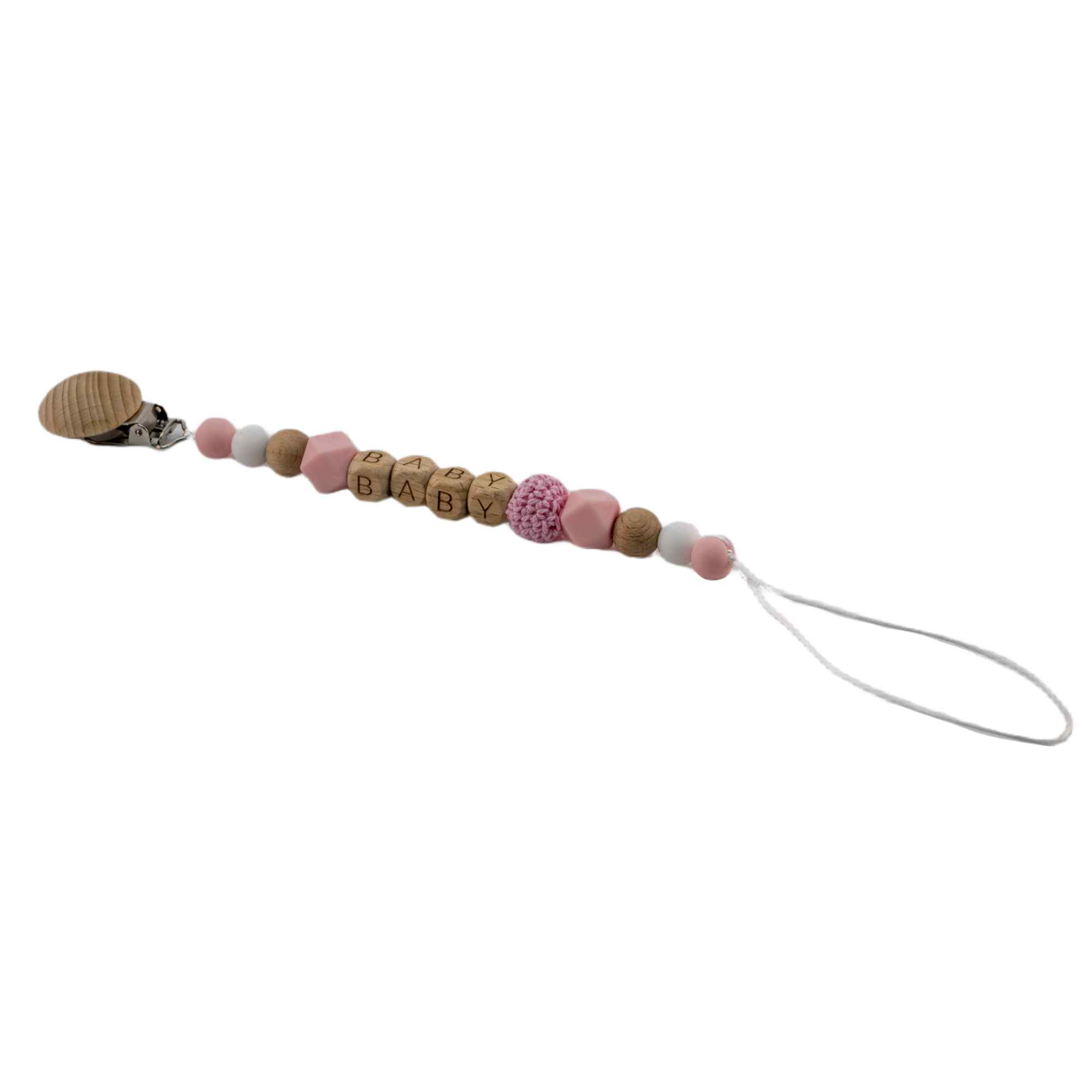 Cadena sujeta chupete silicona diseño baby madera rosa - imagen 4