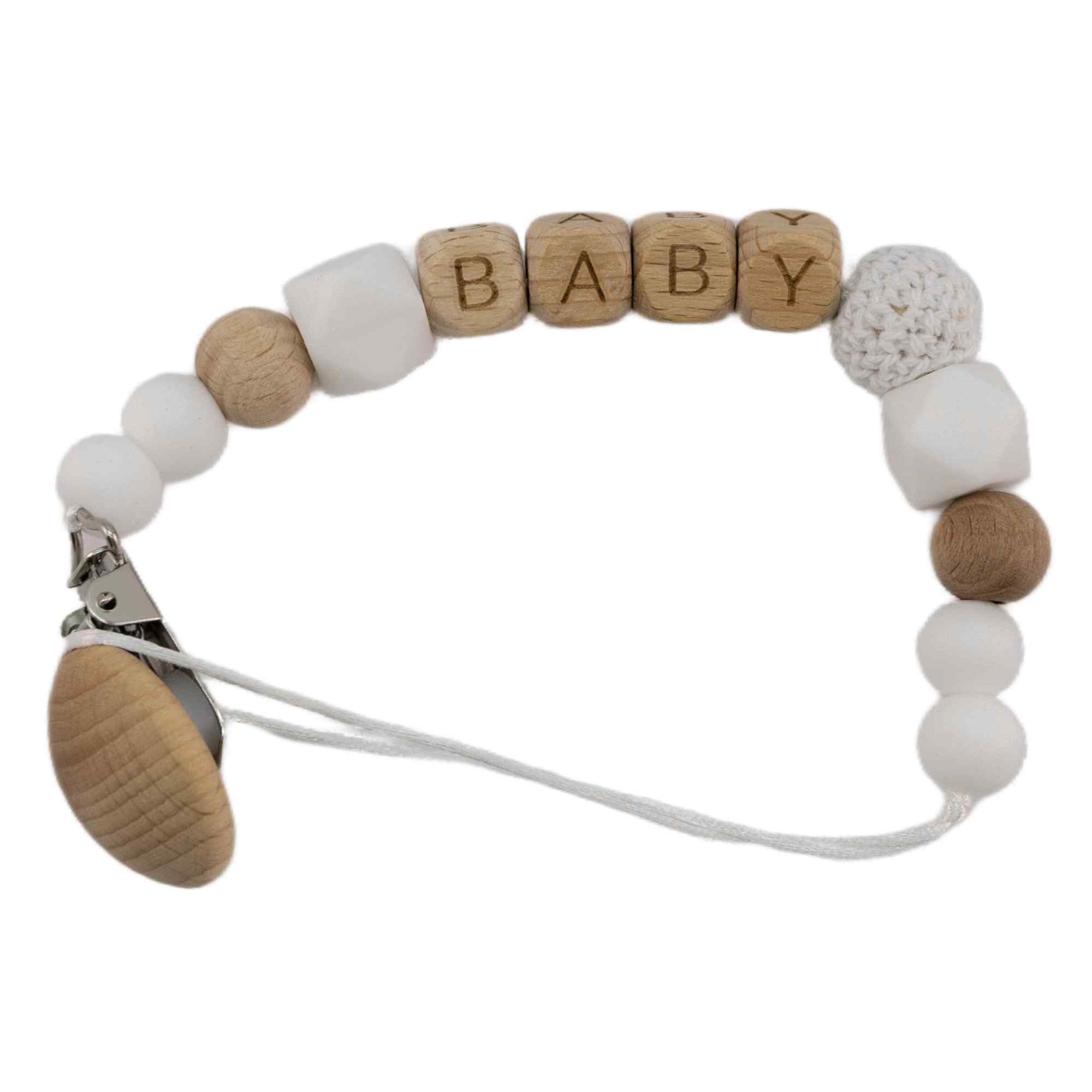 Cadena sujeta chupete silicona diseño baby madera blanco