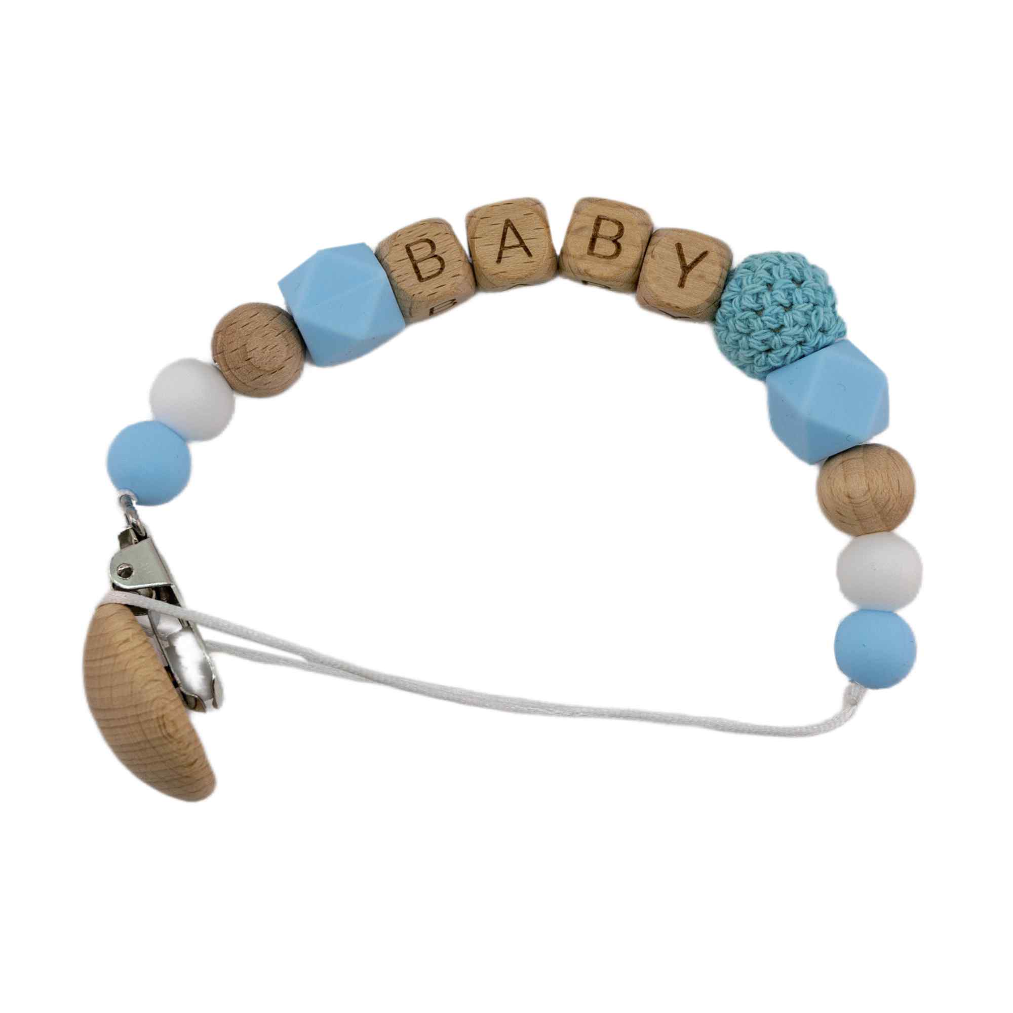 Cadena sujeta chupete silicona diseño baby madera azul