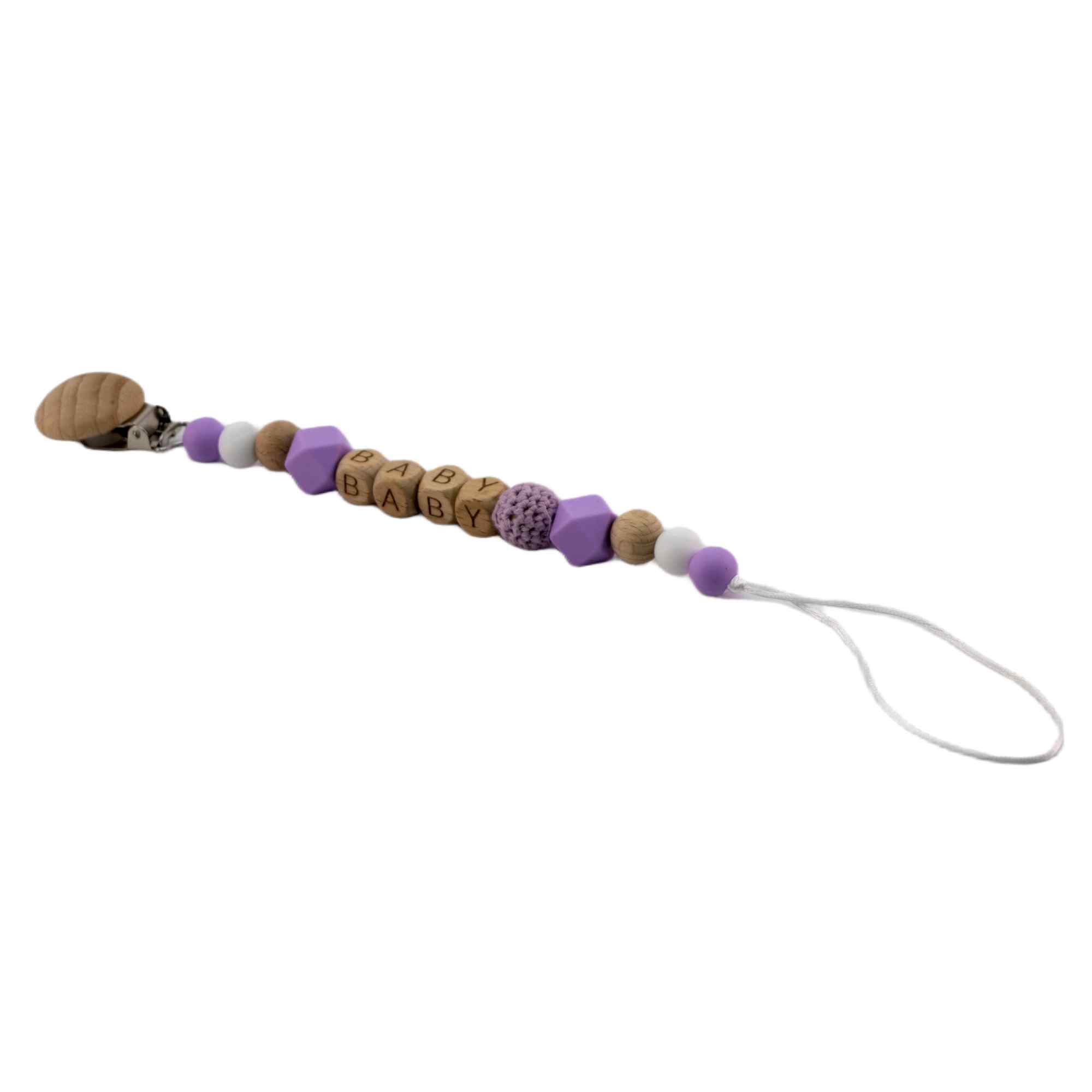 Cadena sujeta chupete silicona diseño baby madera morado - imagen 5