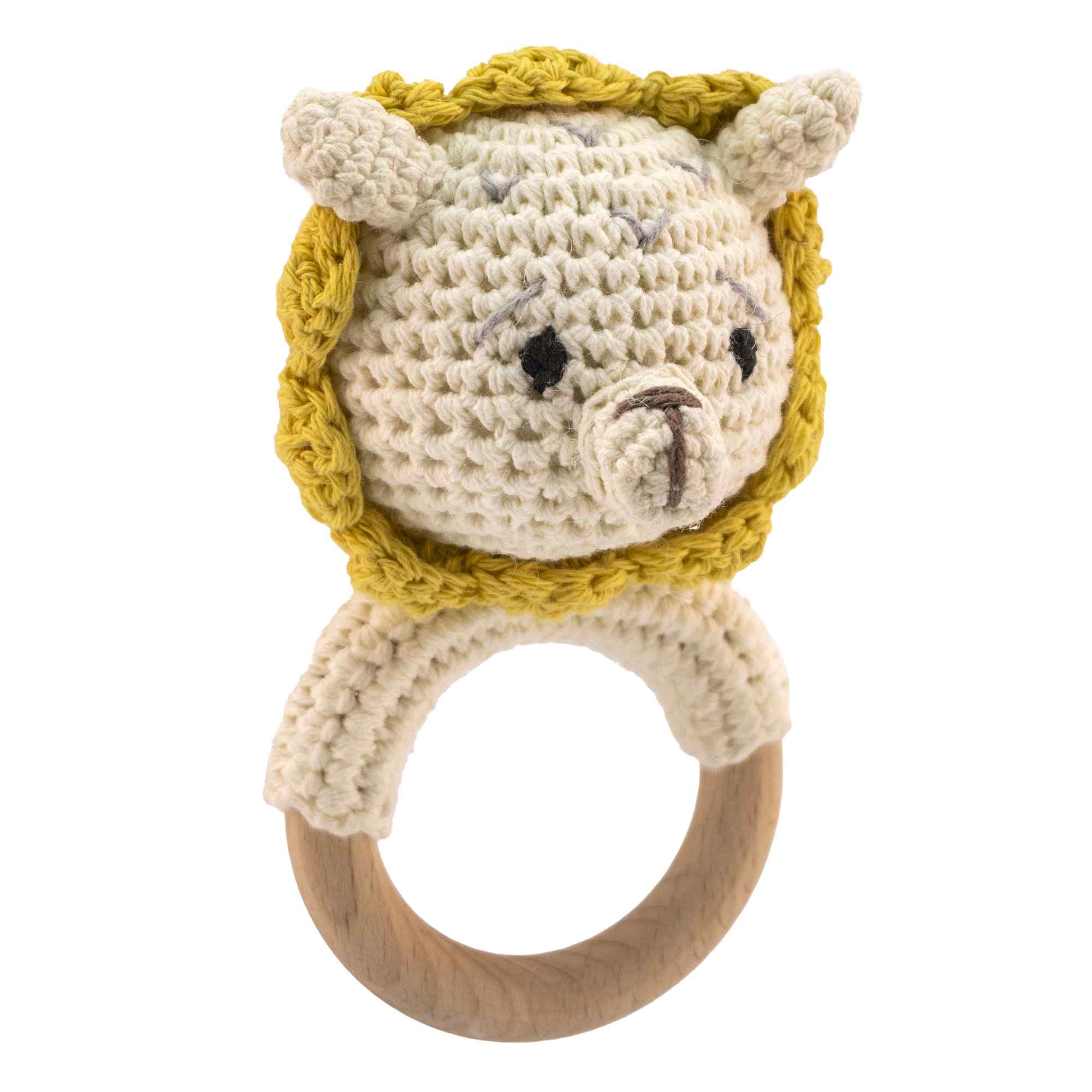 Sonajero para bebe diseño León mango madera