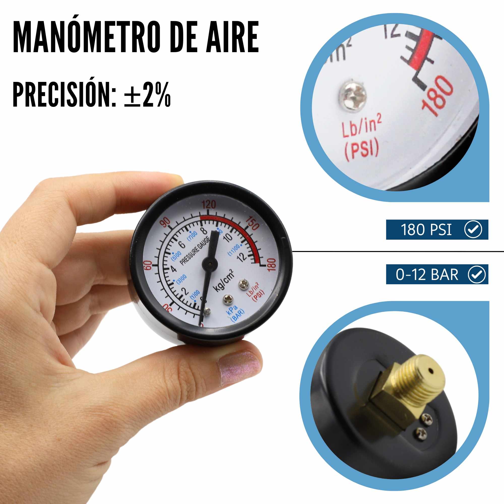 Manometro del compresor de la presion de la bomba de aire del gas Rosca 10mm 0-180 PSI - imagen 4