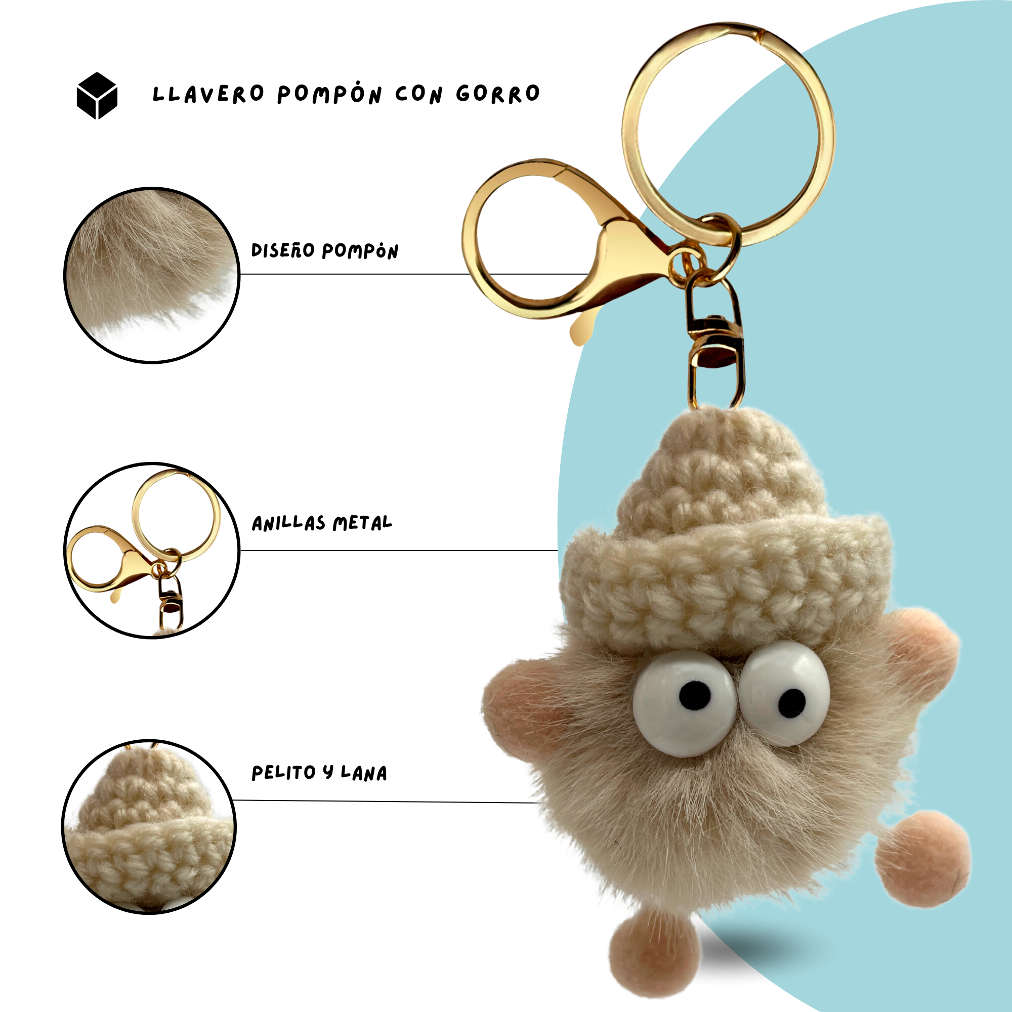Llavero pompon con ojos beige - imagen 3