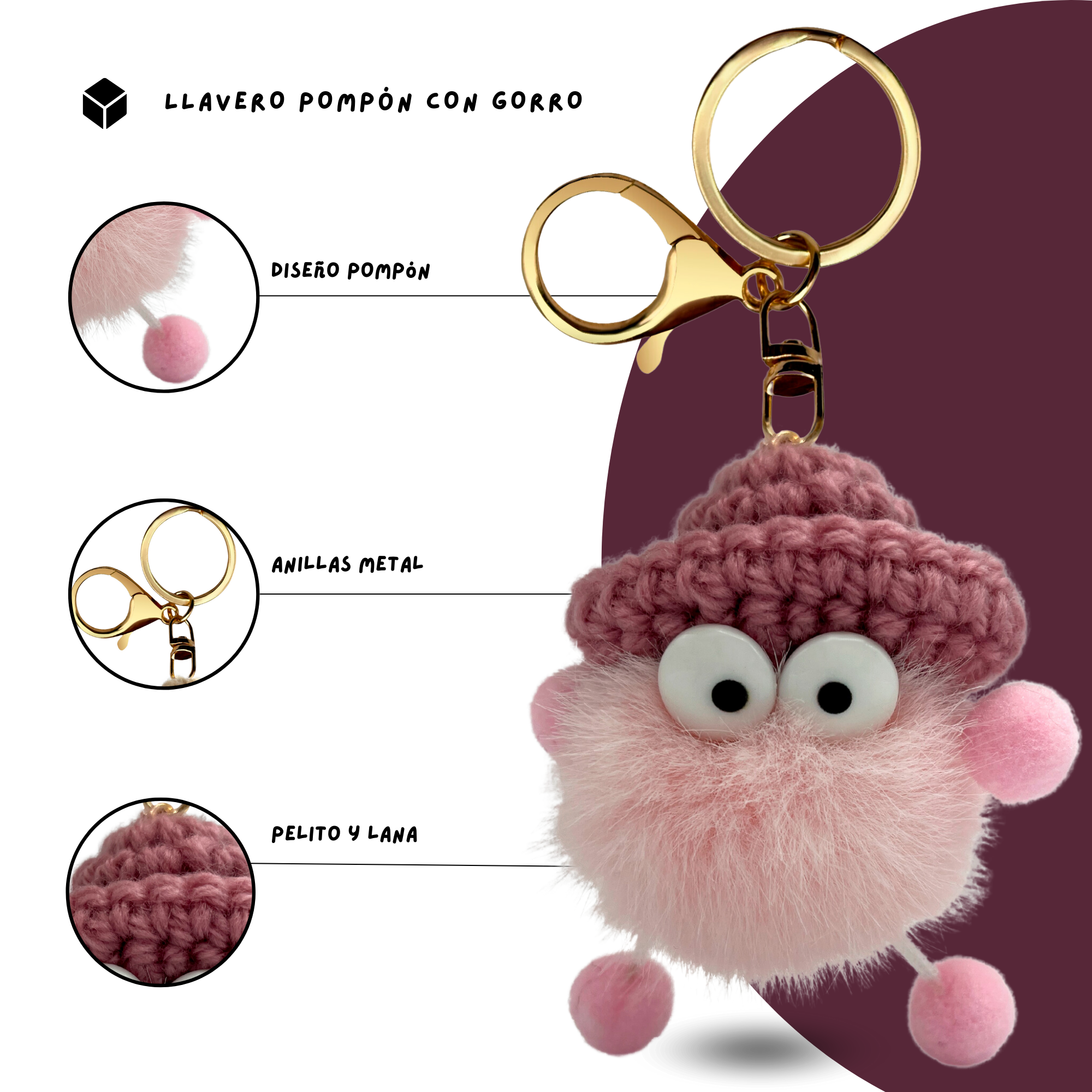 Llavero pompon con ojos rosa - imagen 3
