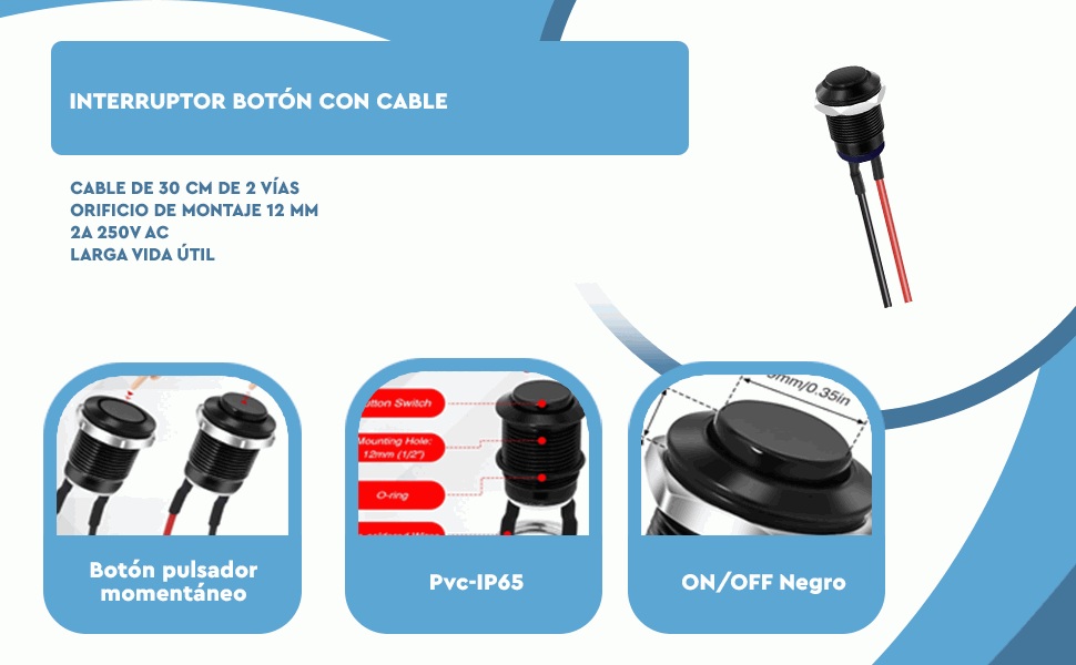Banner - Interruptor botón con cable de 2 vias 12mm IP65 ON/OFF 2A 250V AC