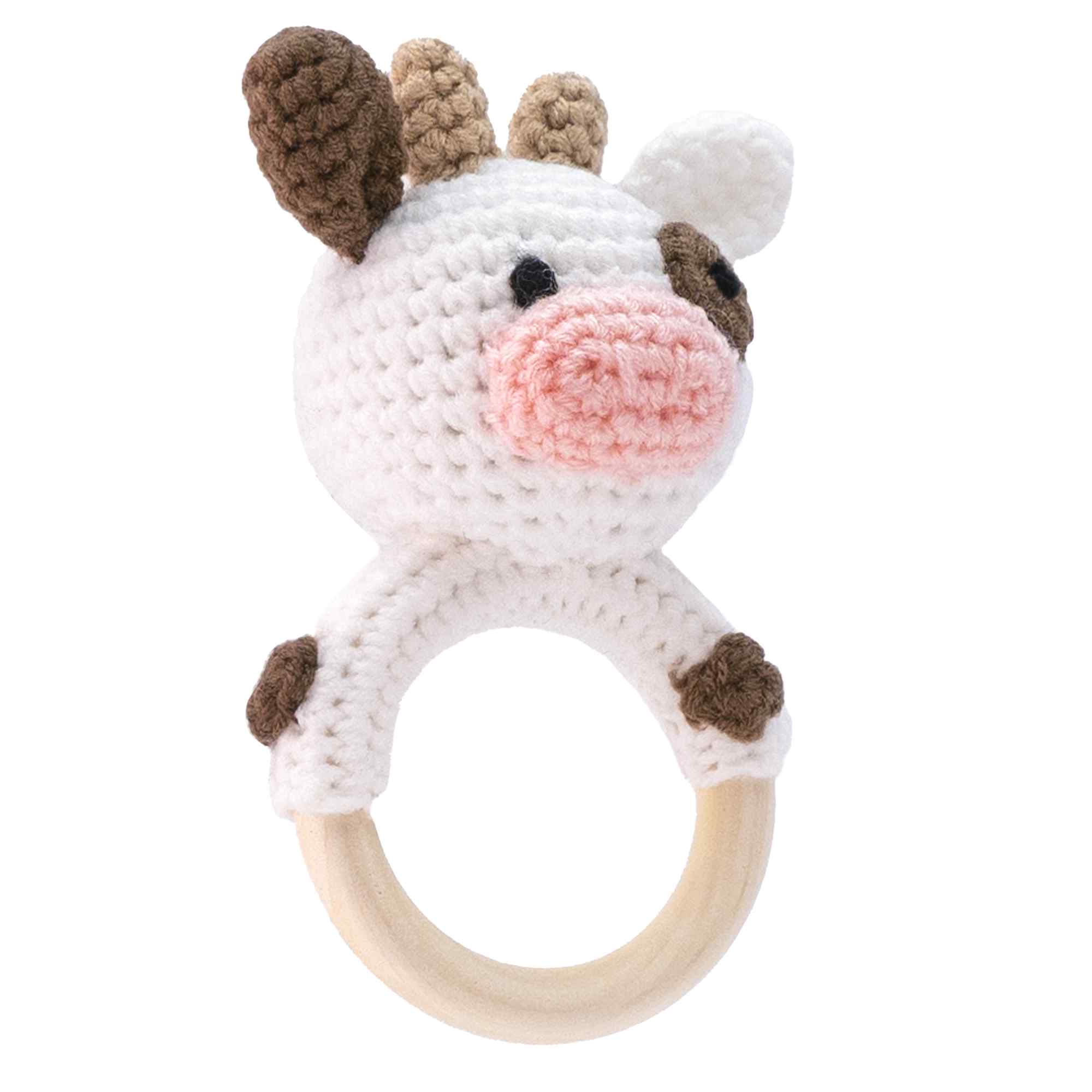 Sonajero para bebe diseño Vaca mango madera