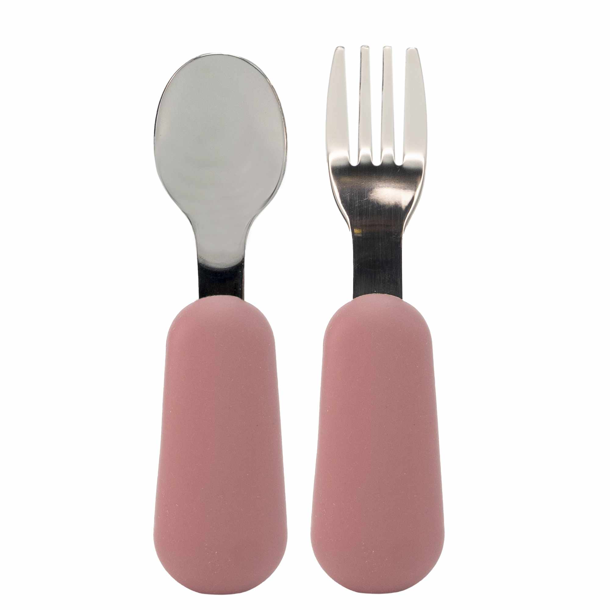 Cubiertos bebe cuchara y tenedor silicona y acero inox rosa