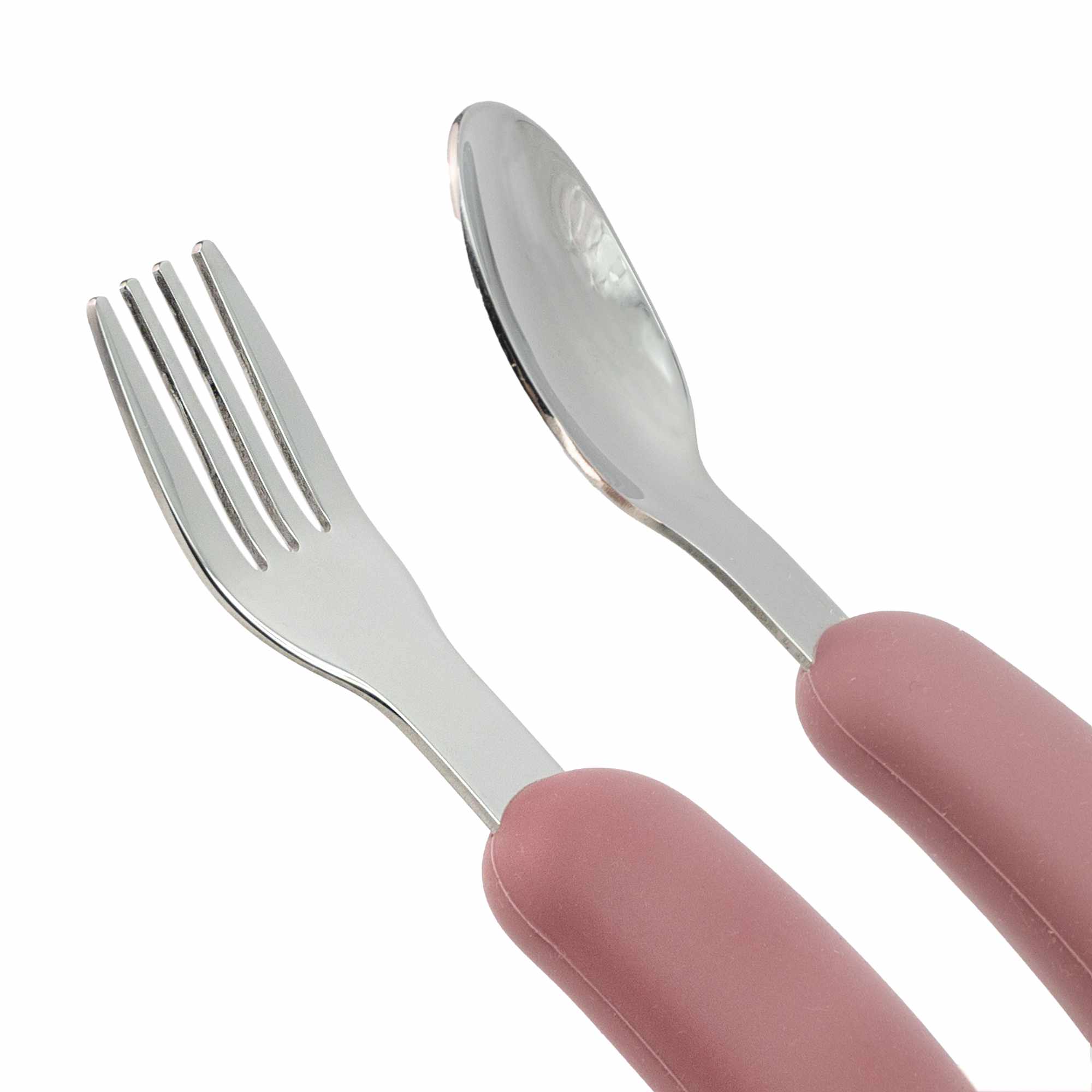 Cubiertos bebe cuchara y tenedor silicona y acero inox rosa - imagen 2