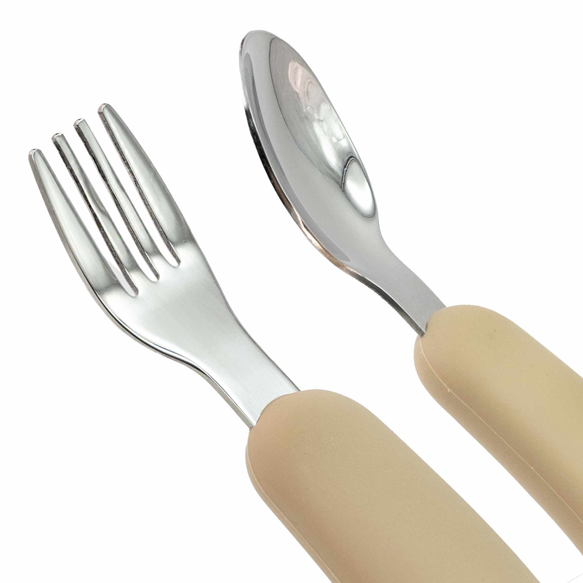 Cubiertos bebe cuchara y tenedor silicona y acero inox beige - imagen 2