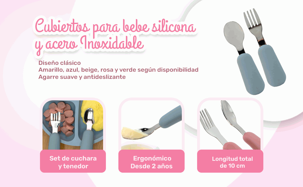 Banner - Cubiertos bebe cuchara y tenedor silicona y acero inox beige