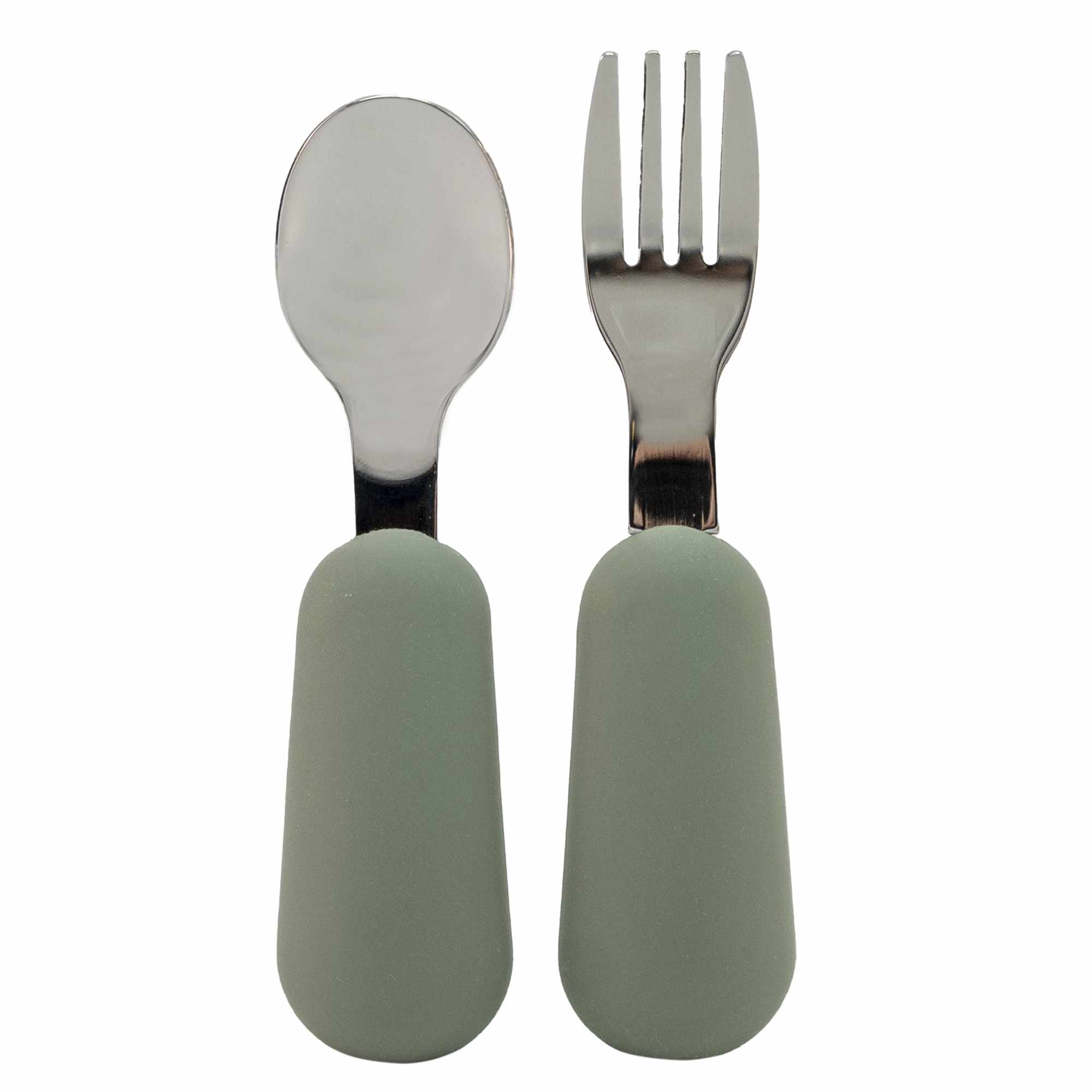 Cubiertos bebe cuchara y tenedor silicona y acero inox verde