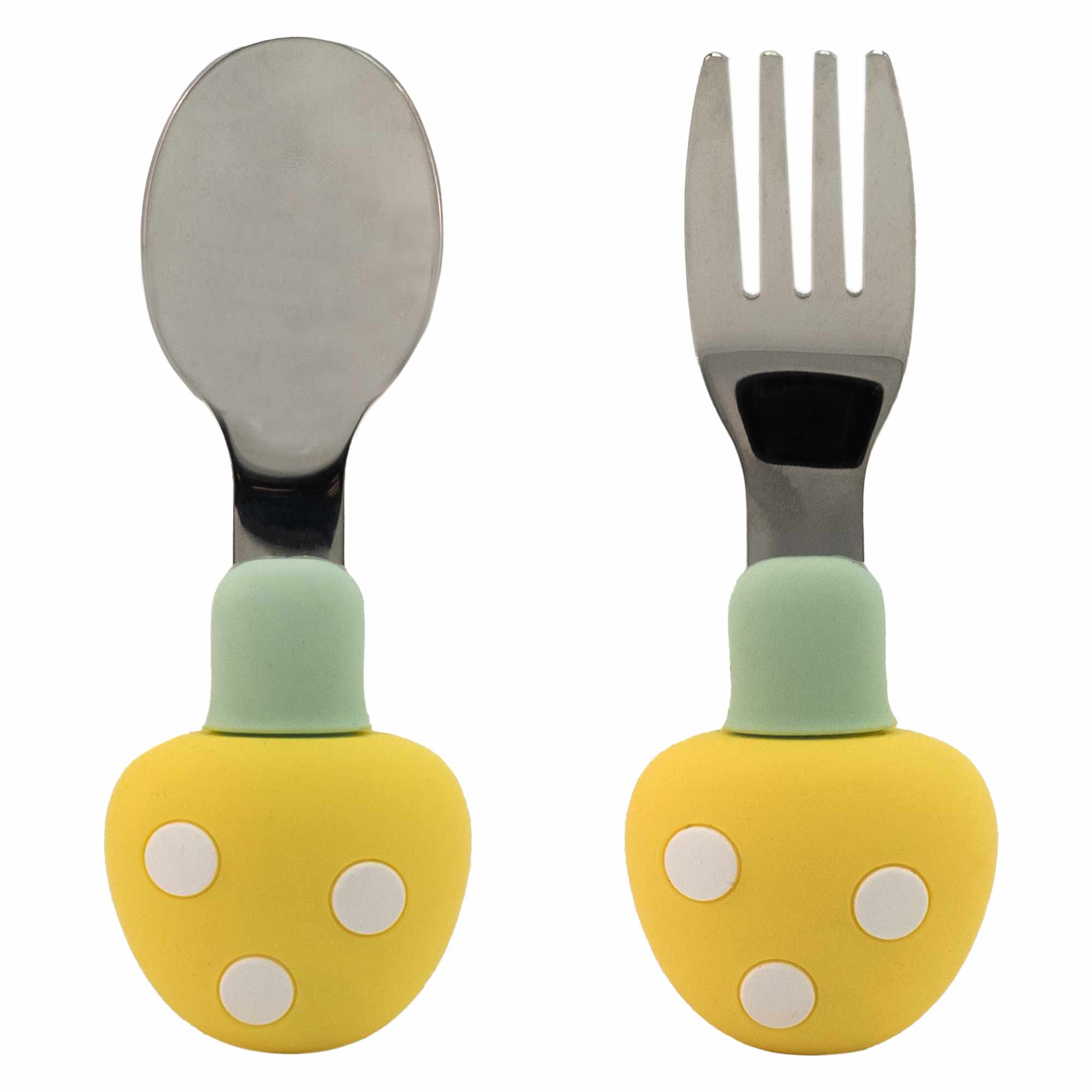 Cubiertos bebe cuchara y tenedor silicona hongo y acero inox amarillo - imagen 1