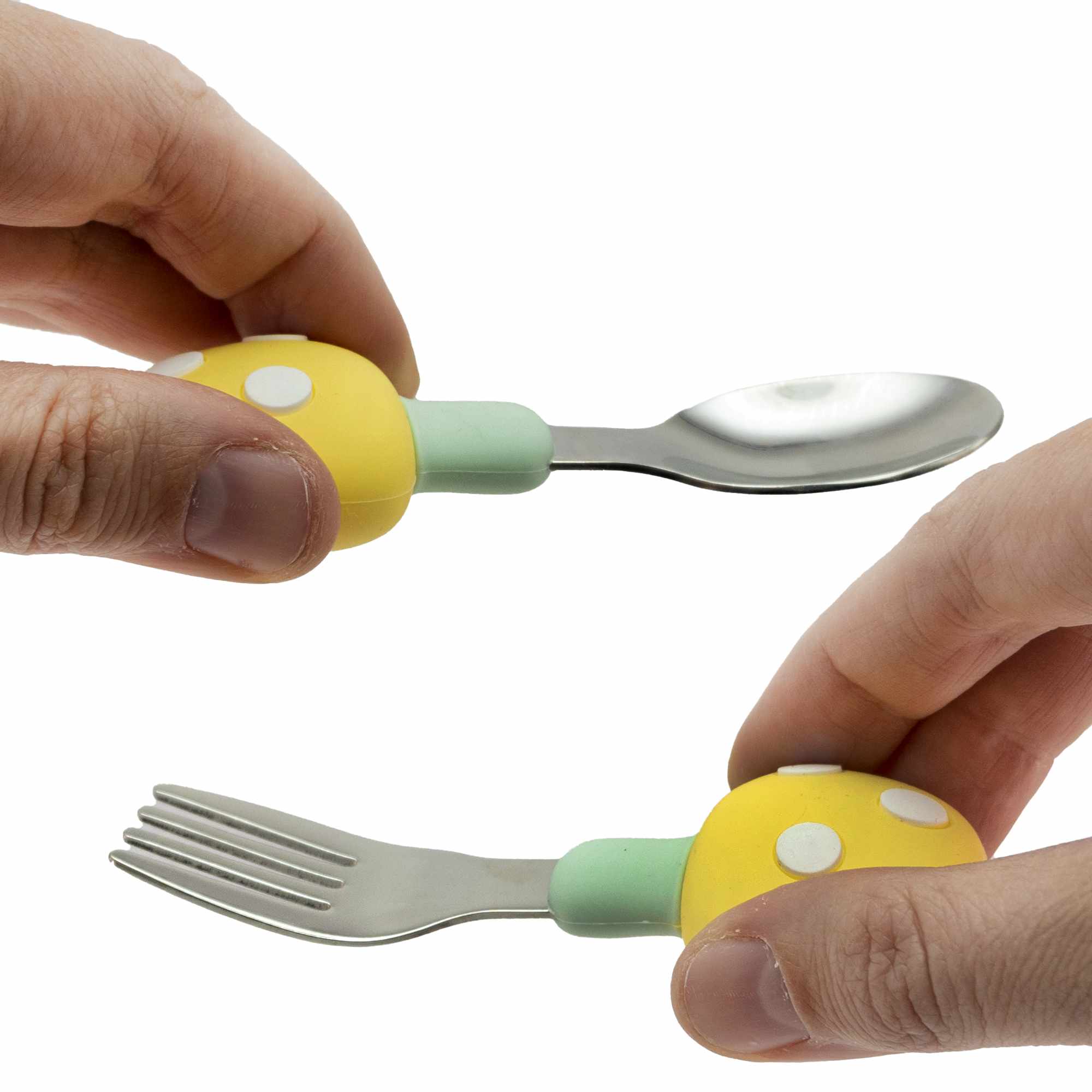 Cubiertos bebe cuchara y tenedor silicona hongo y acero inox amarillo - imagen 3