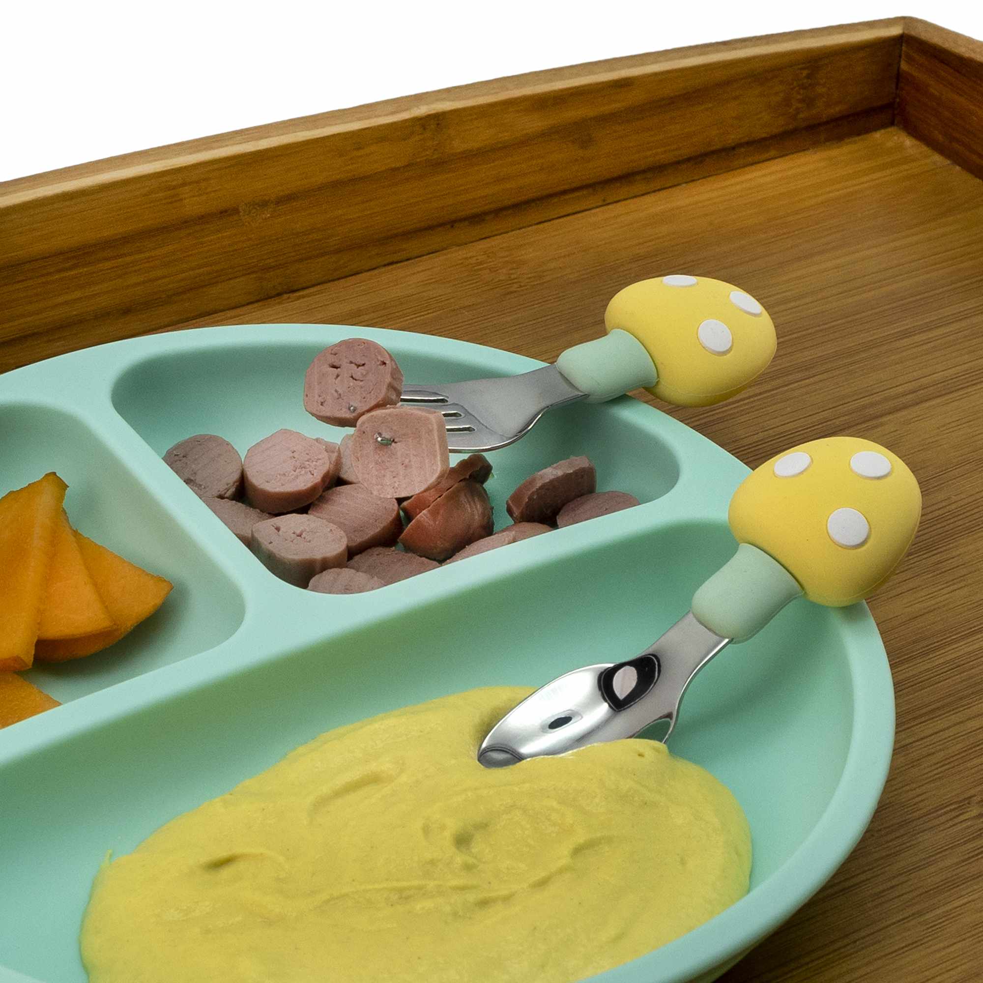 Cubiertos bebe cuchara y tenedor silicona hongo y acero inox amarillo - imagen 6