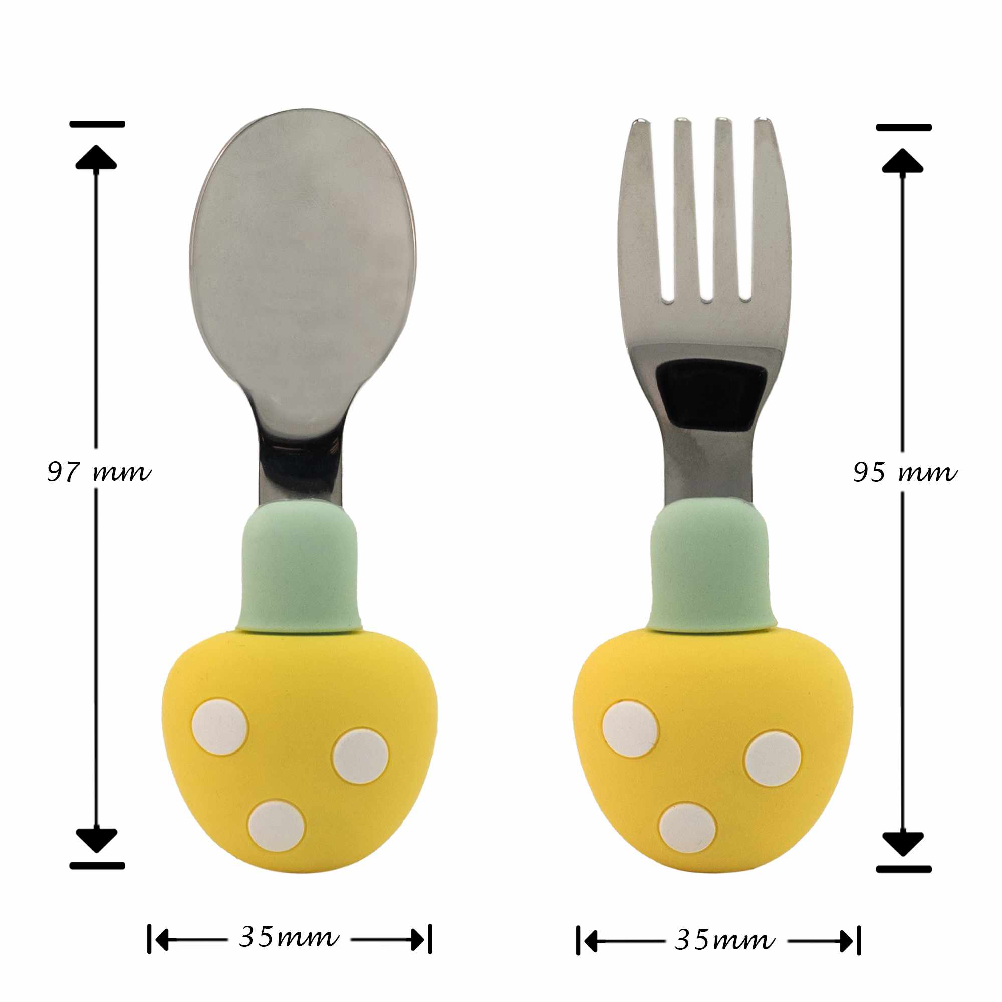 Cubiertos bebe cuchara y tenedor silicona hongo y acero inox amarillo - imagen 7