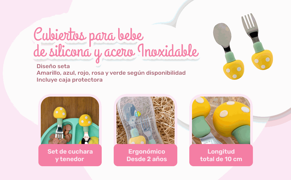 Banner - Cubiertos bebe cuchara y tenedor silicona hongo y acero inox amarillo