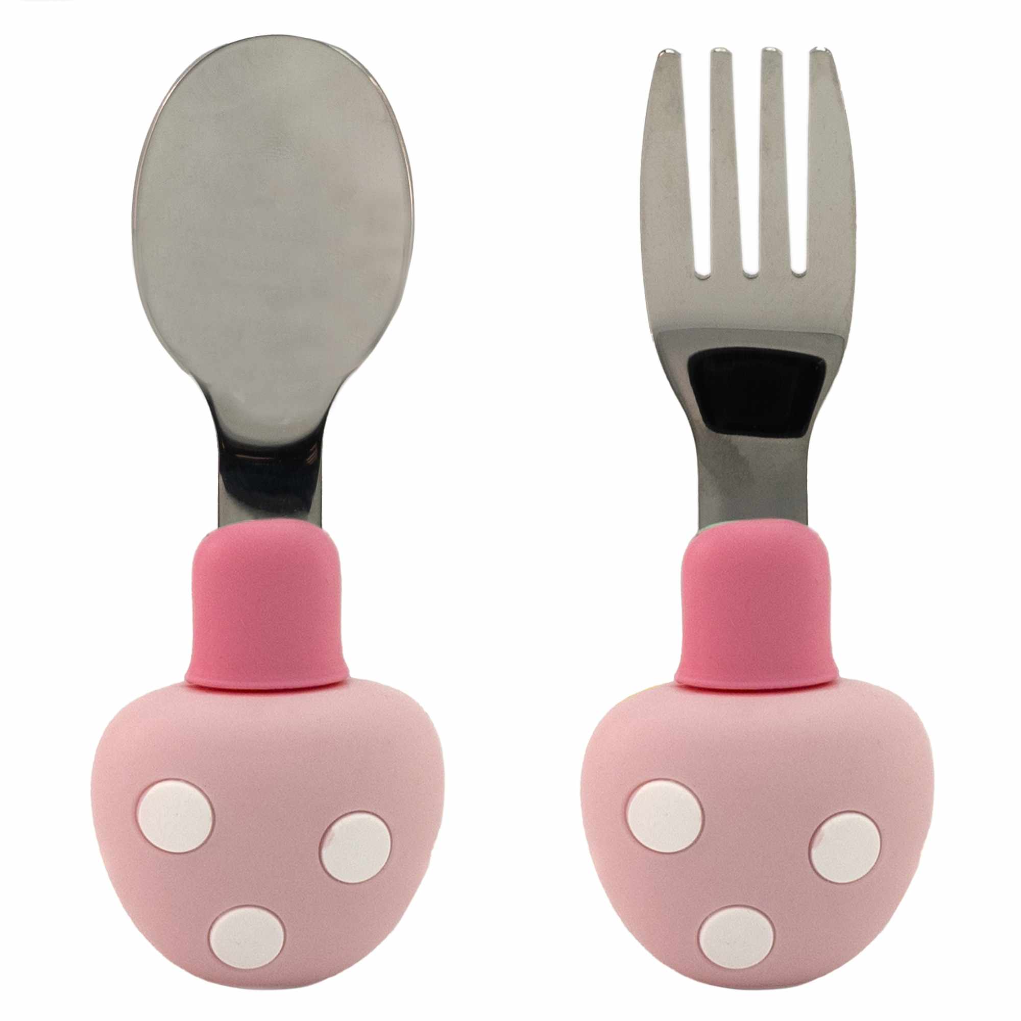 Cubiertos bebe cuchara y tenedor silicona hongo y acero inox rosa