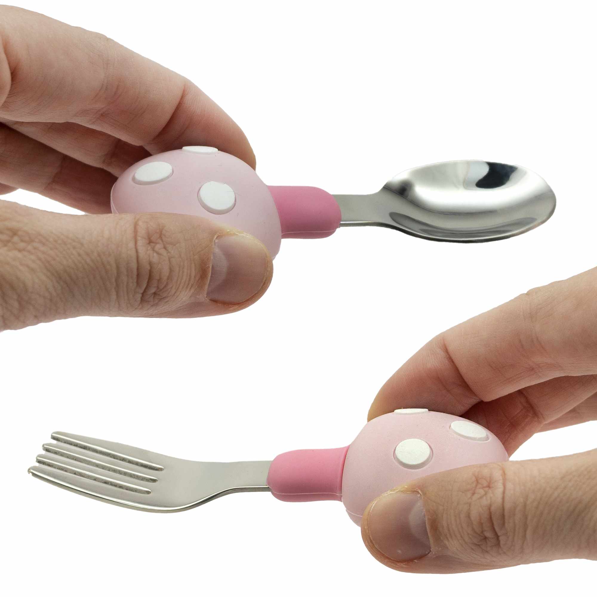Cubiertos bebe cuchara y tenedor silicona hongo y acero inox rosa - imagen 3