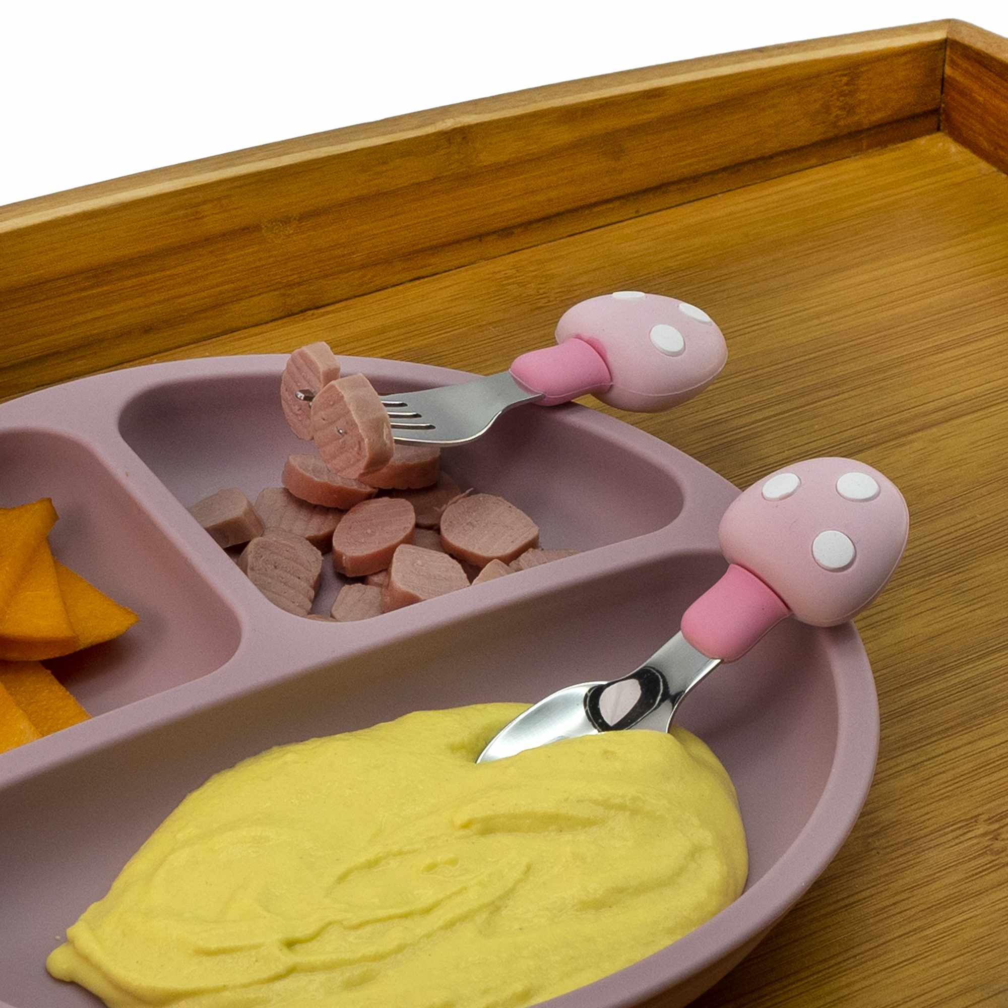 Cubiertos bebe cuchara y tenedor silicona hongo y acero inox rosa - imagen 5