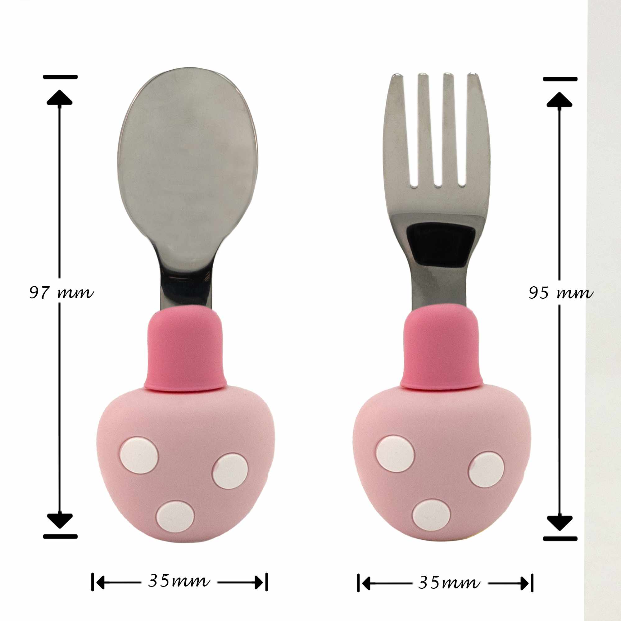 Cubiertos bebe cuchara y tenedor silicona hongo y acero inox rosa - imagen 7