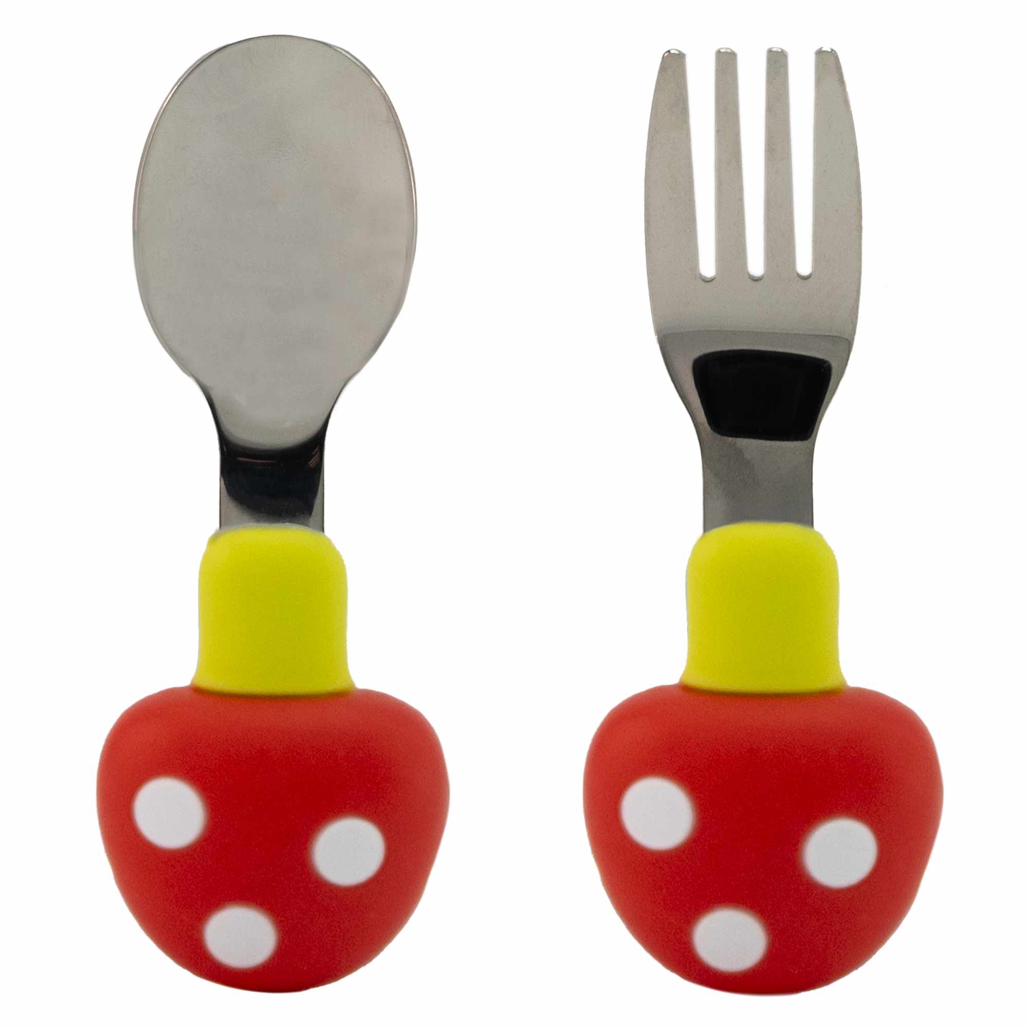 Cubiertos bebe cuchara y tenedor silicona hongo y acero inox rojo