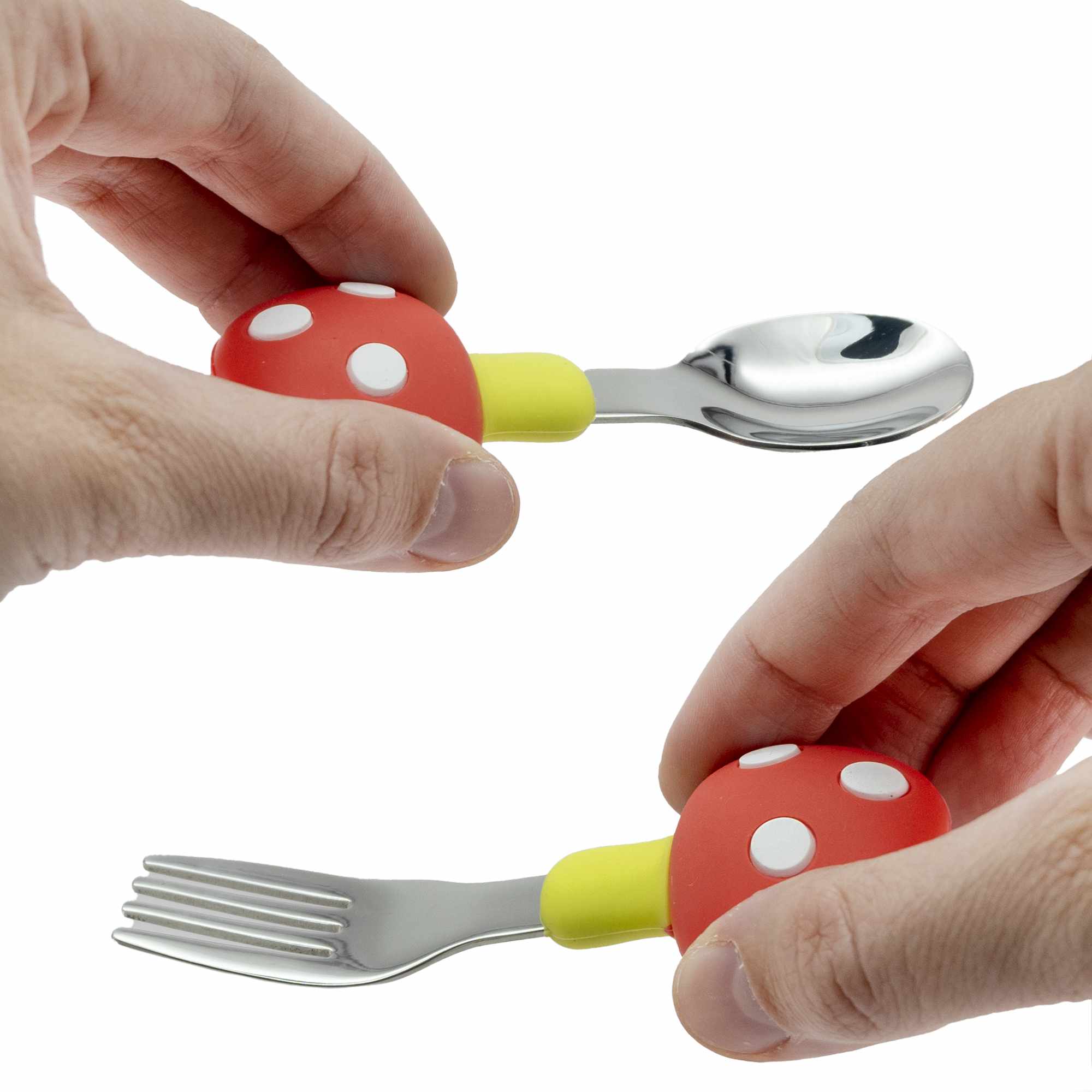 Cubiertos bebe cuchara y tenedor silicona hongo y acero inox rojo - imagen 4