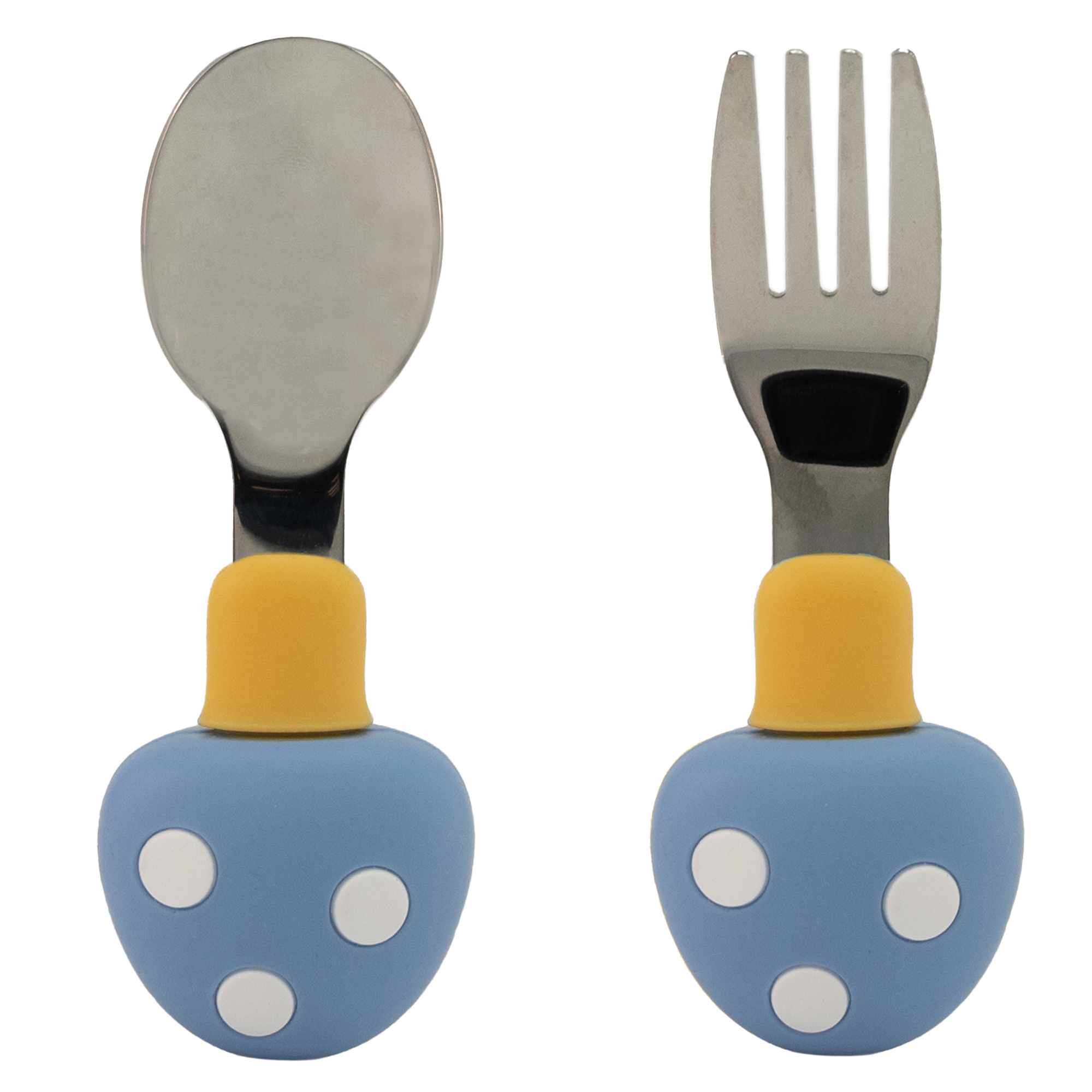 Cubiertos bebe cuchara y tenedor silicona hongo y acero inox azul