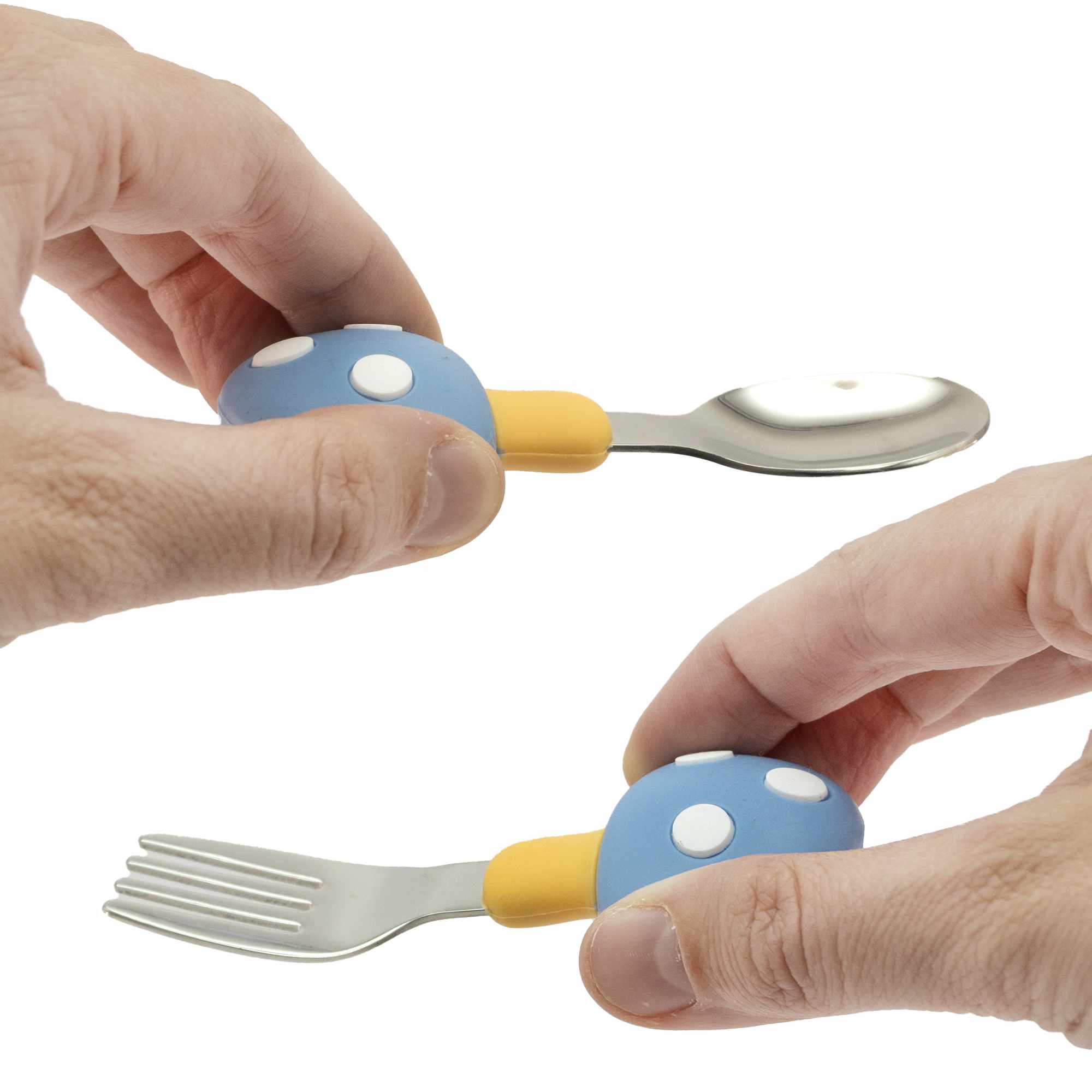 Cubiertos bebe cuchara y tenedor silicona hongo y acero inox azul - imagen 4