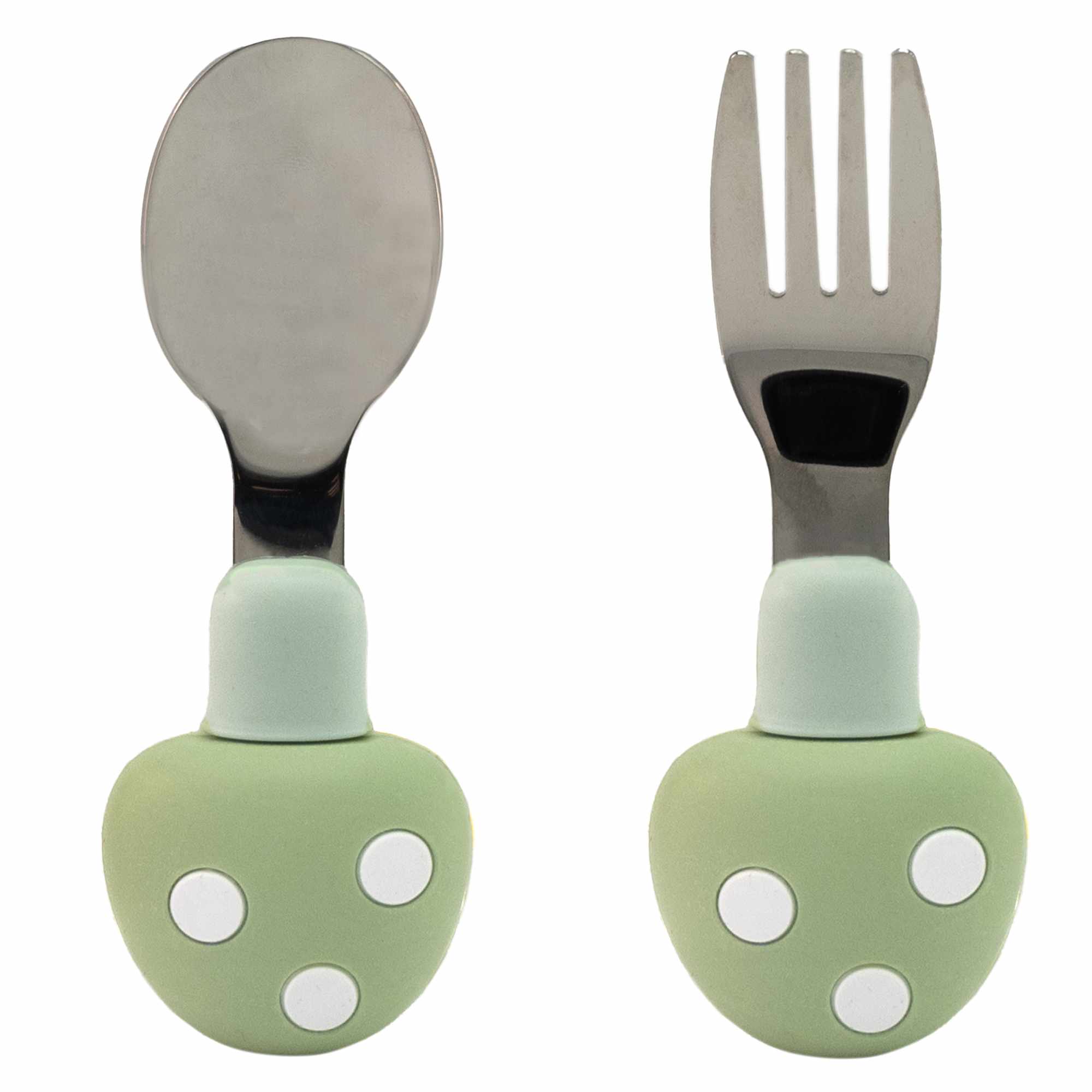 Cubiertos bebe cuchara y tenedor silicona hongo y acero inox verde