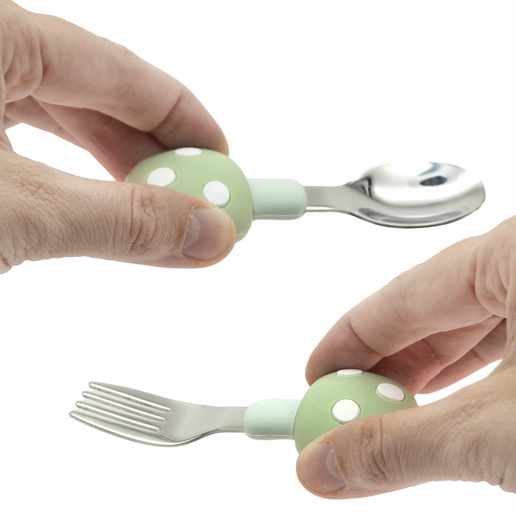 Cubiertos bebe cuchara y tenedor silicona hongo y acero inox verde - imagen 3
