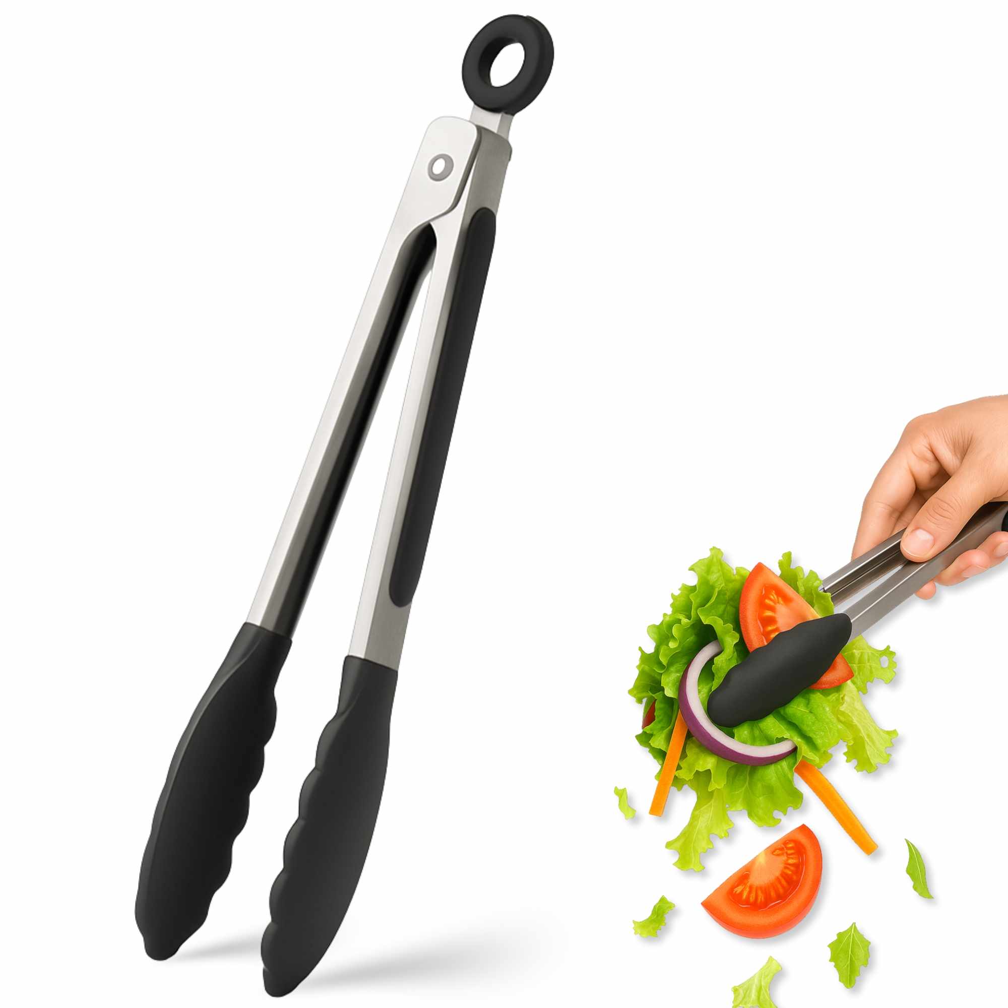 Pinza de cocina en acero inoxidable y silicona negro