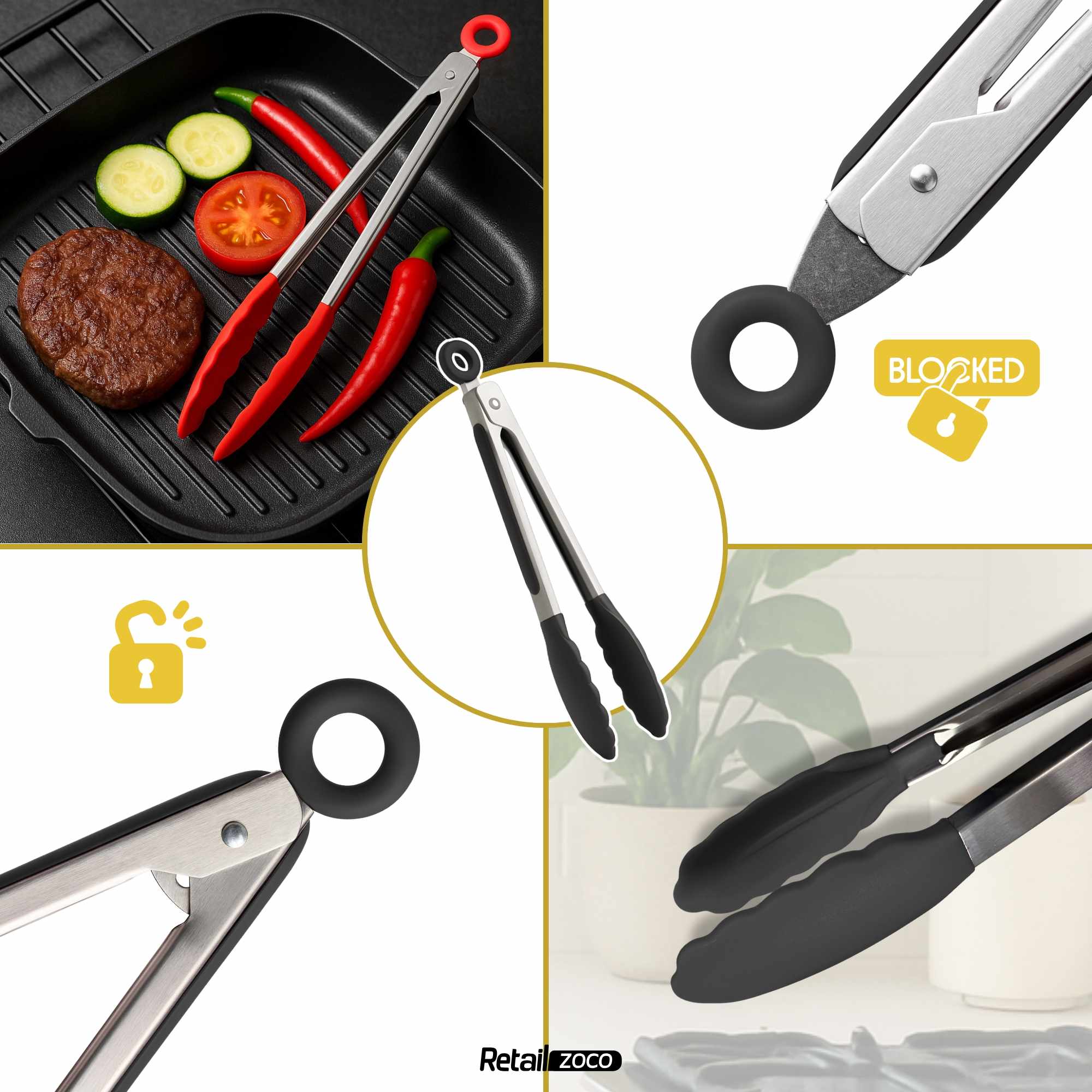 Pinza de cocina en acero inoxidable y silicona negro - imagen 5