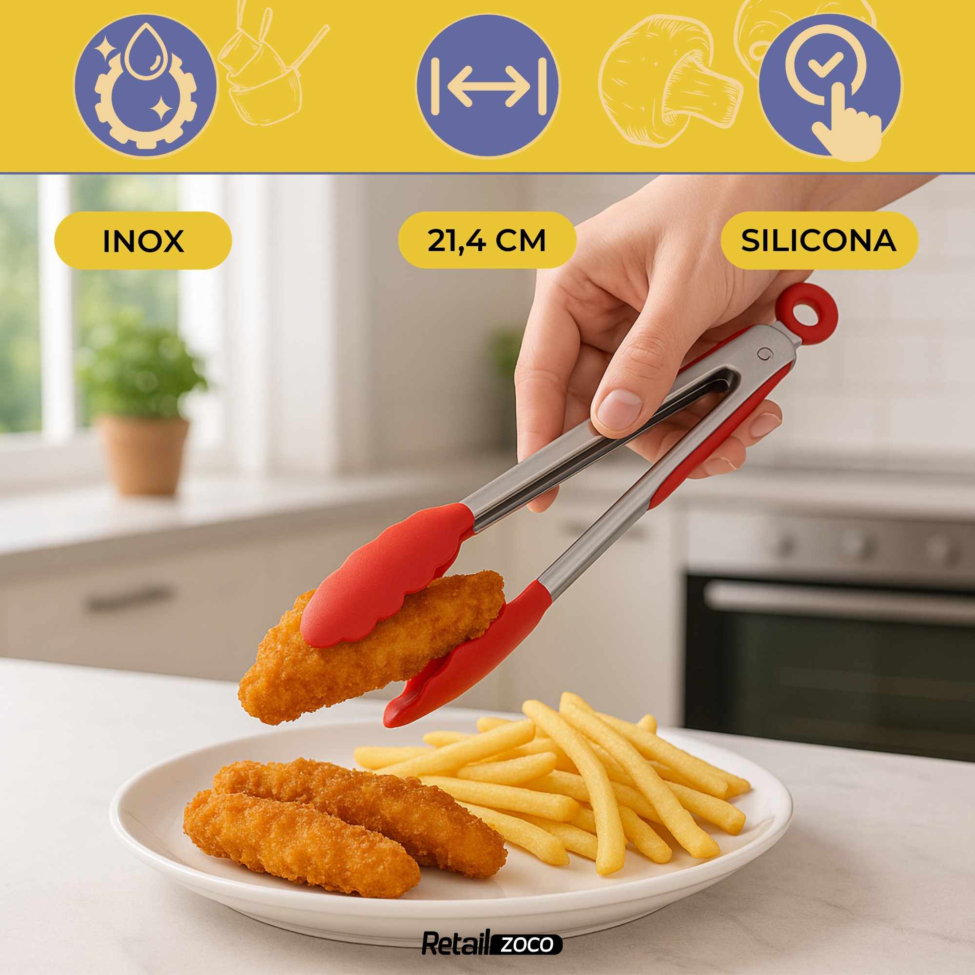 Pinza de cocina en acero inoxidable y silicona rojo - imagen 2