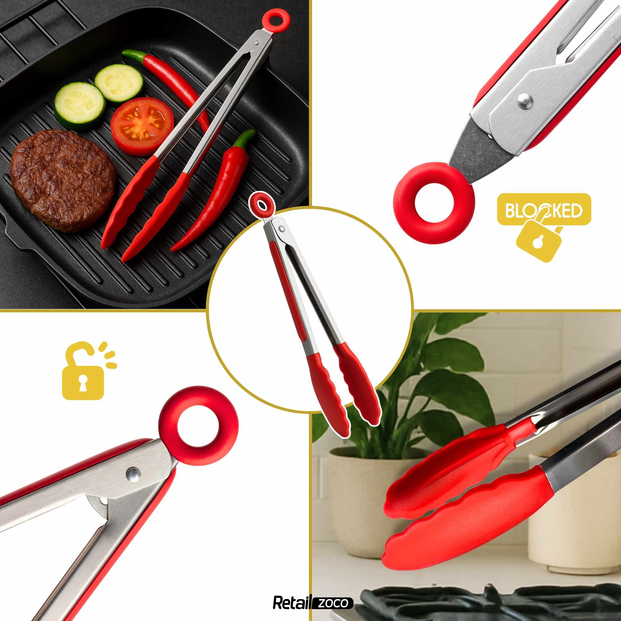 Pinza de cocina en acero inoxidable y silicona rojo - imagen 5