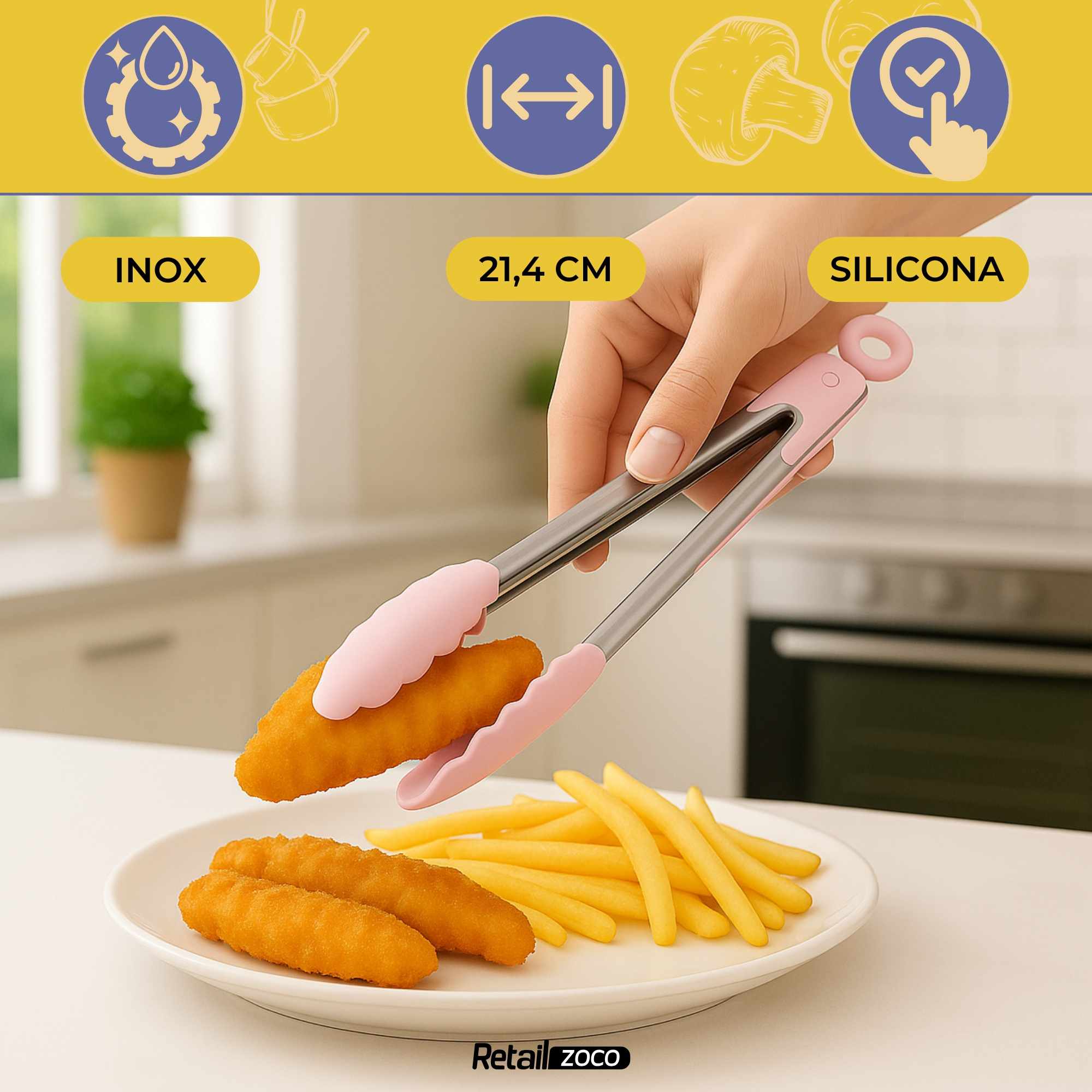 Pinza de cocina en acero inoxidable y silicona rosa - imagen 2