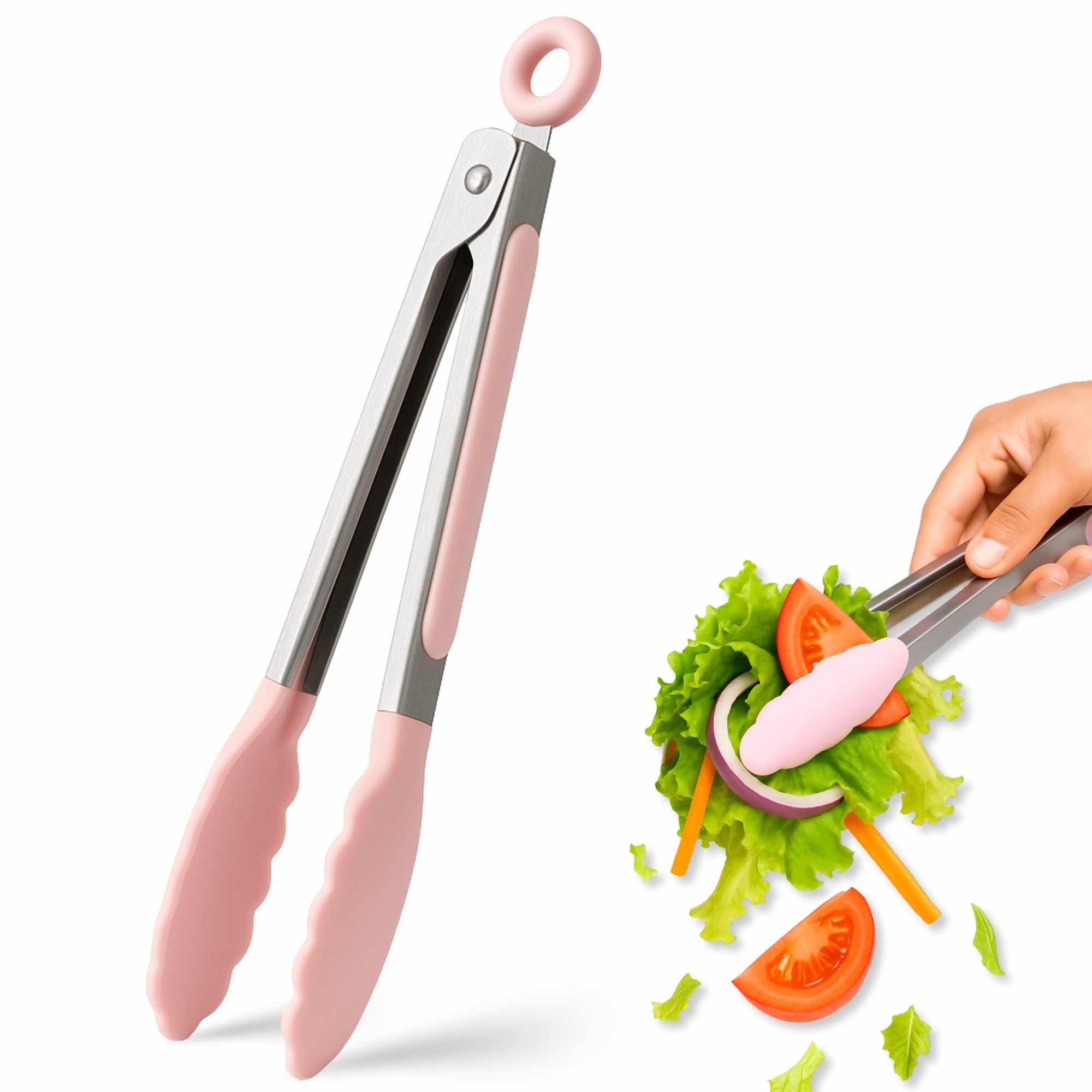 Pinza de cocina en acero inoxidable y silicona rosa - imagen 1