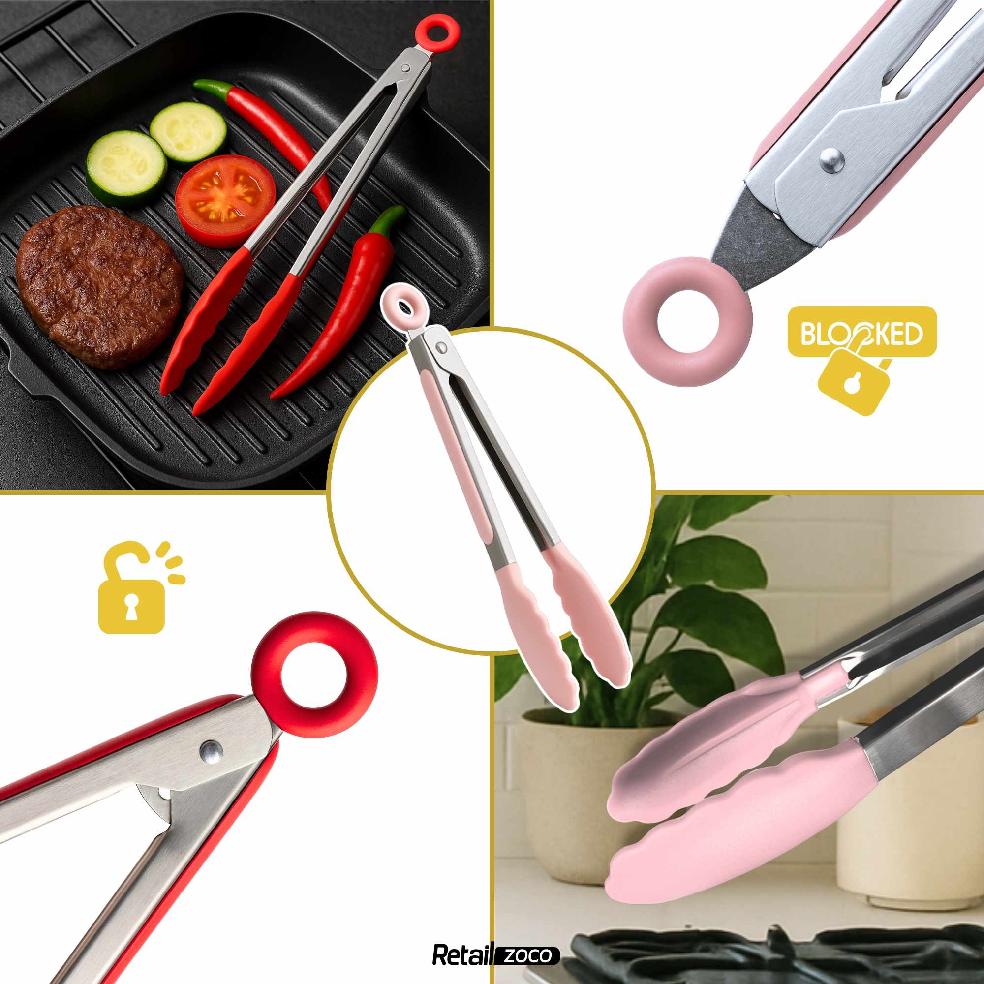 Pinza de cocina en acero inoxidable y silicona rosa - imagen 4