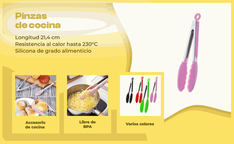 Banner - Pinza de cocina en acero inoxidable y silicona rosa