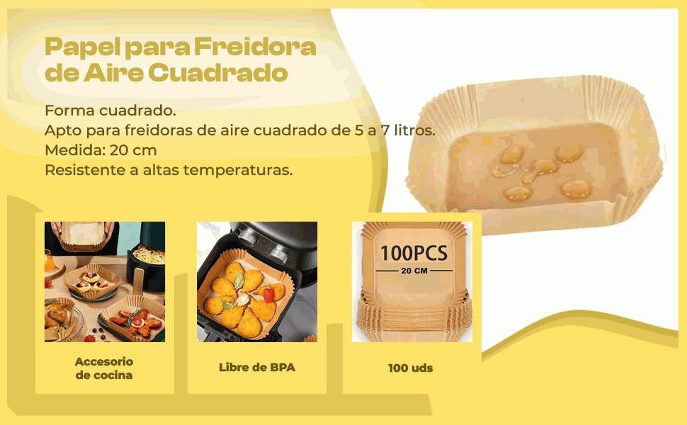 Banner - Papel para Freidora de Aire cuadrado 20 cm pack 100 unidades