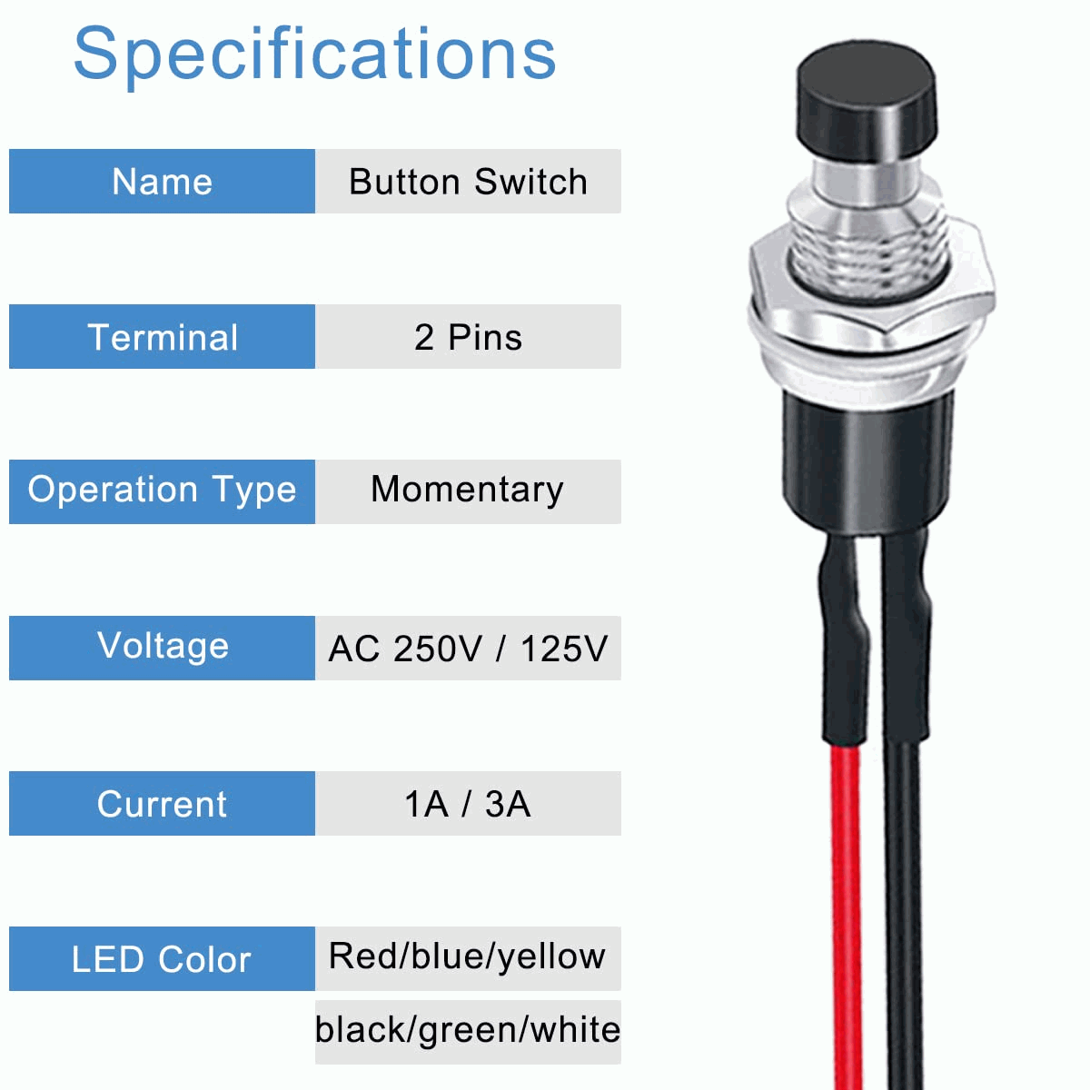 Interruptor de botón pulsador SPST 7 mm 1A 250VAC Negro con cable - imagen 3