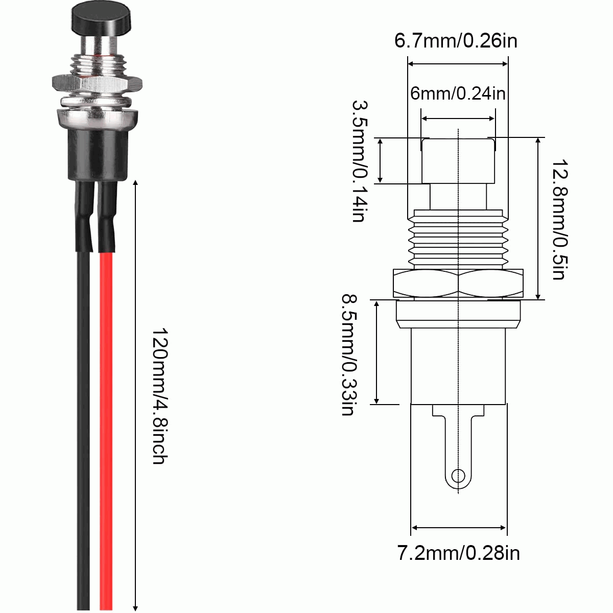 Interruptor de botón pulsador SPST 7 mm 1A 250VAC Negro con cable - imagen 4