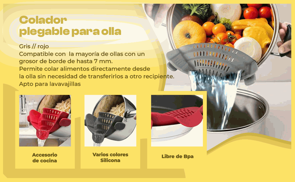 Banner - Colador plegable de silicona para olla gris