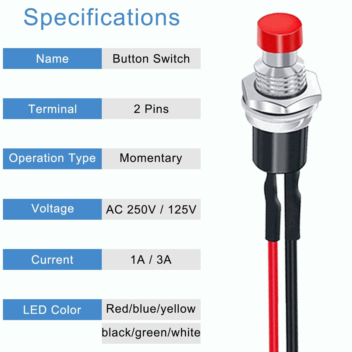 Interruptor de botón pulsador SPST 7 mm 1A 250VAC Rojo con cable - imagen 2